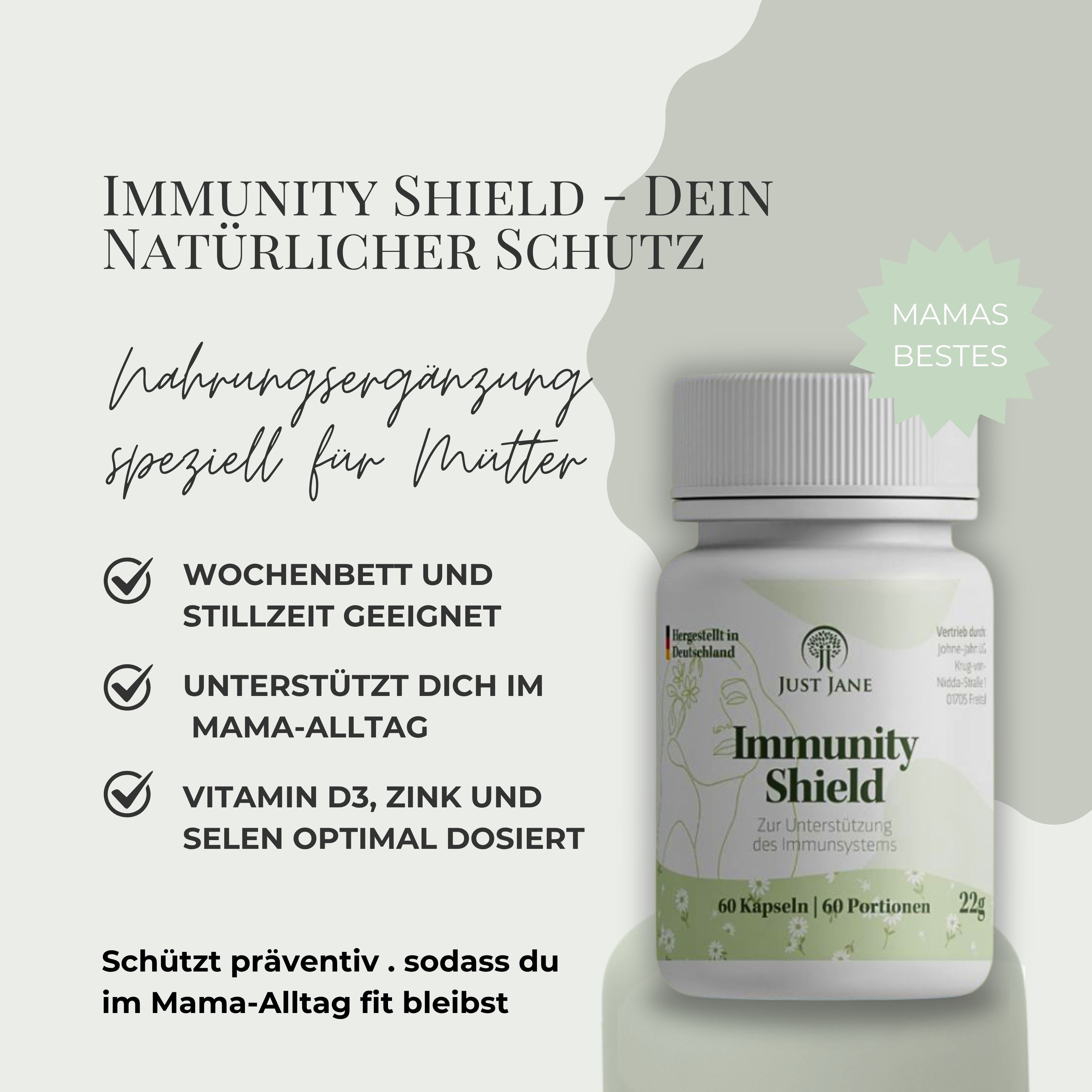 Weiße Flasche mit Kapseln. Text: Immunity Shield, Nahrungsergänzung für Mütter. Geeignet für Stillzeit. Enthält Vitamin D3, Zink, Selen.