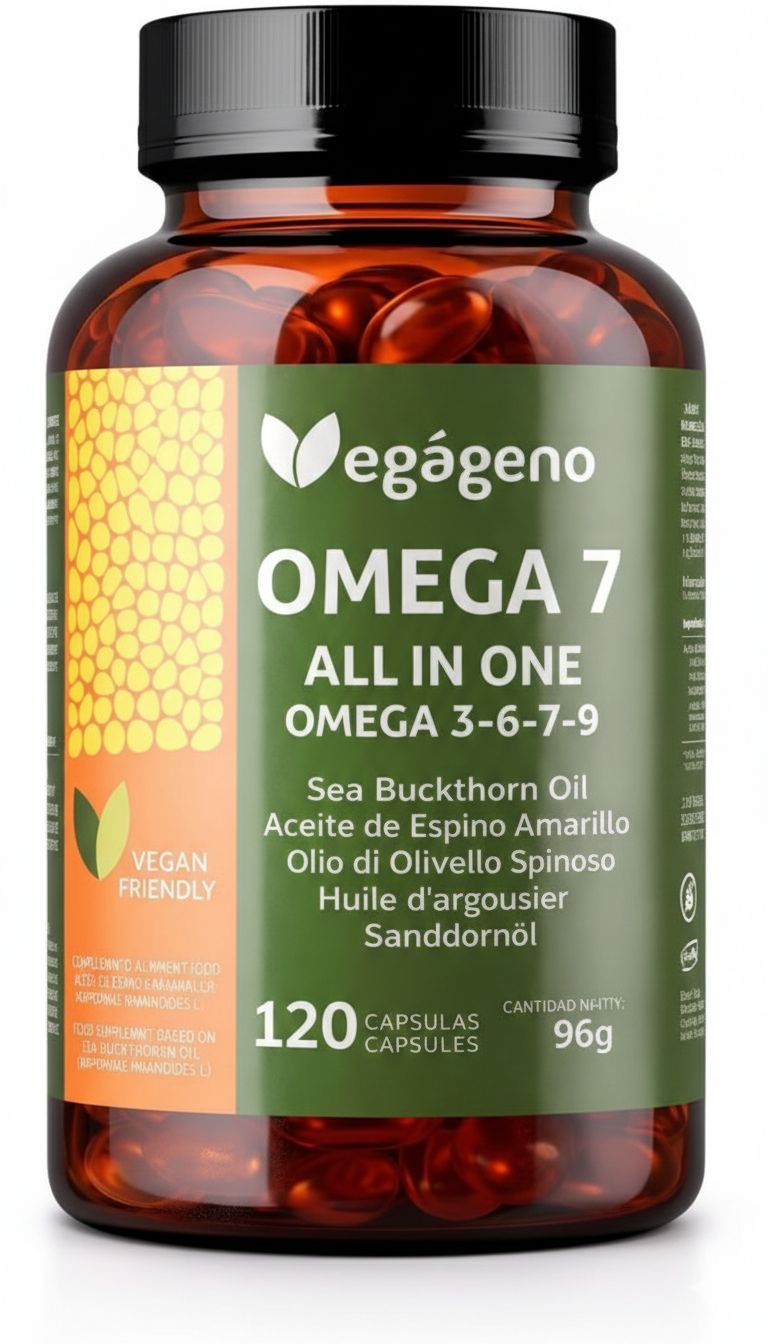 Braune Glasflasche mit 120 Vegagenu Omega 7 Kapseln, veganfreundlich.