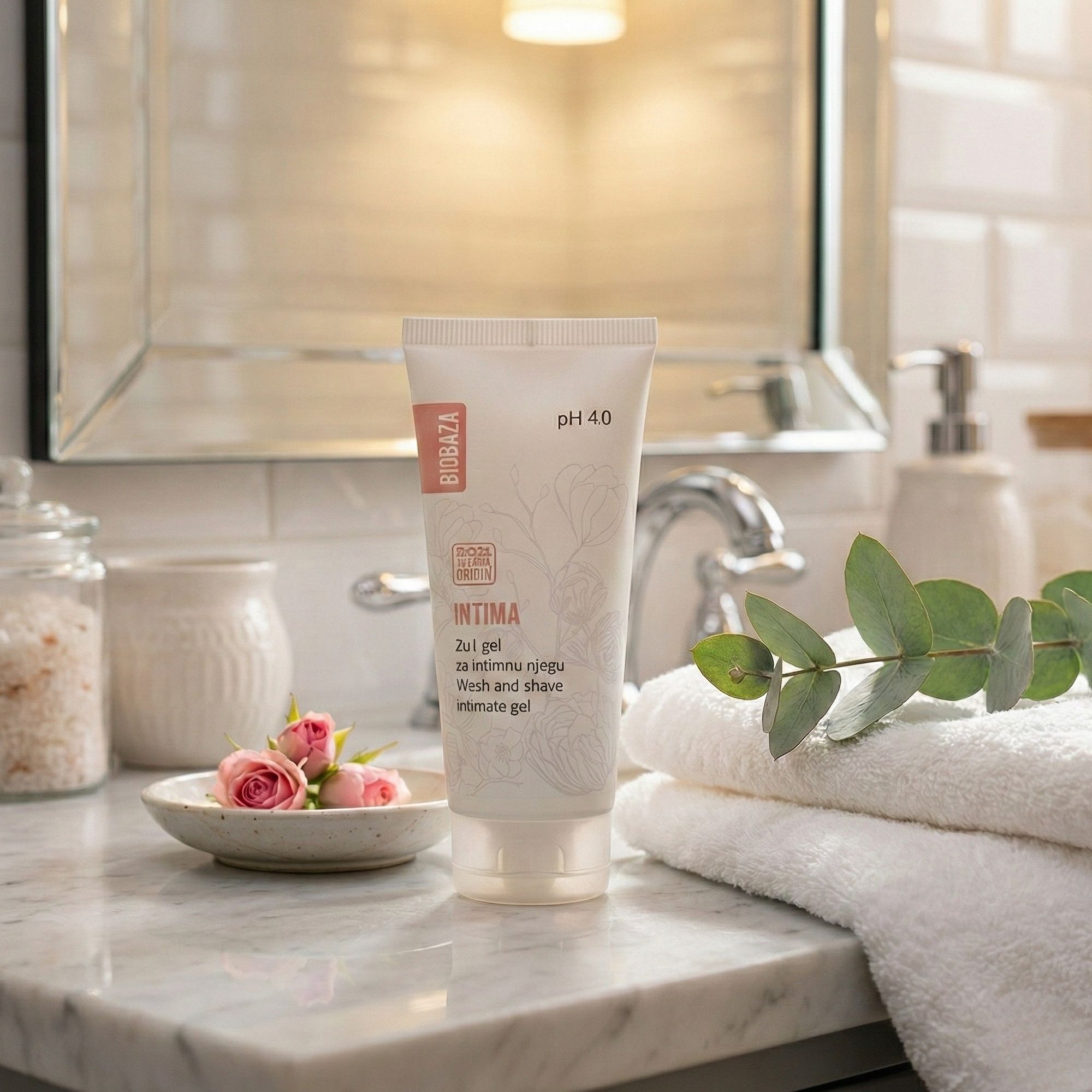 Weiß-rosa Tube Intim-Waschgel, pH 4.0. Auf Marmoroberfläche, neben Handtüchern, Rosen und Bad-Accessoires. Spiegel im Hintergrund.