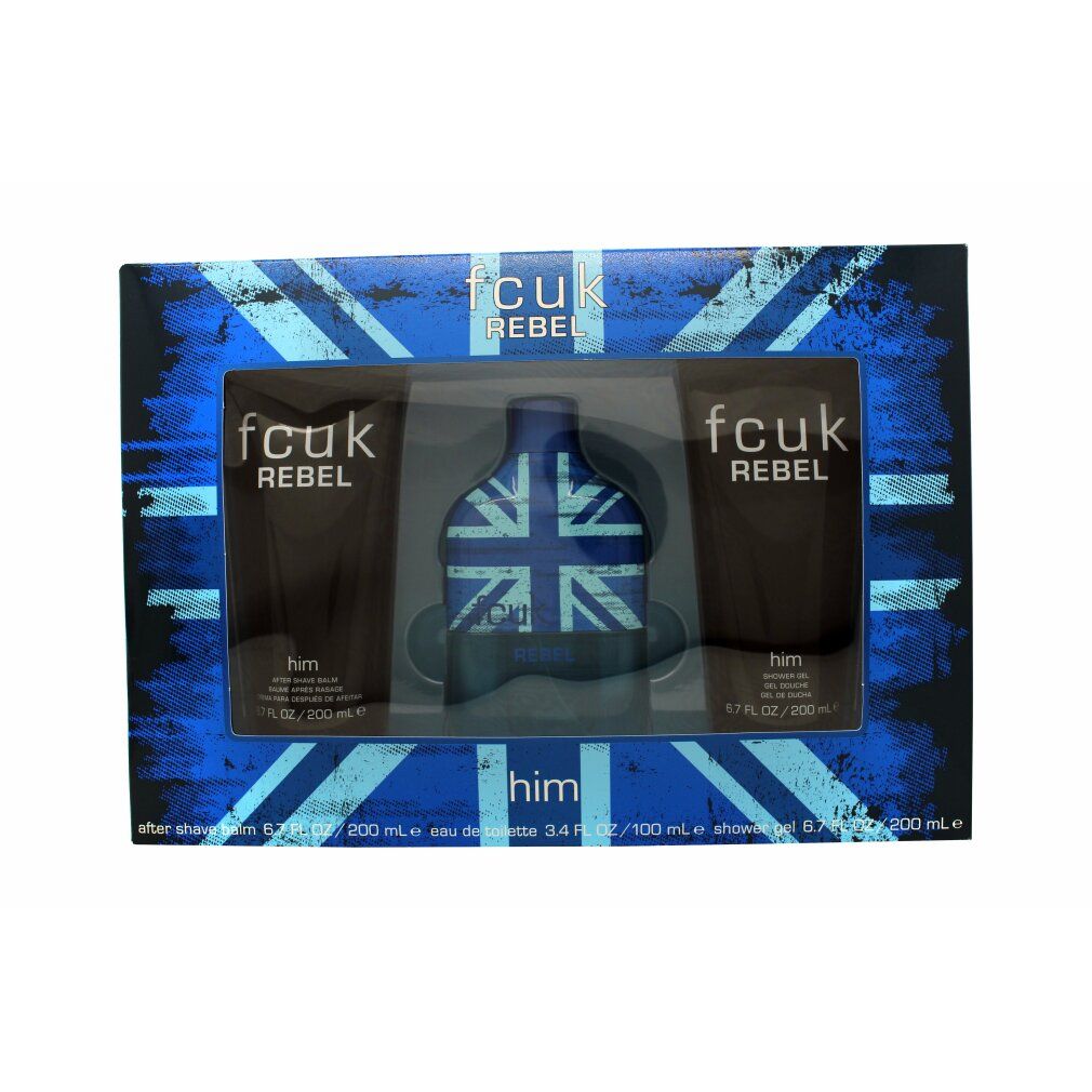 Geschenkset mit Aftershave, Duschgel und Eau de Toilette. Verpackung mit Union Jack-Design und Produktnamen.