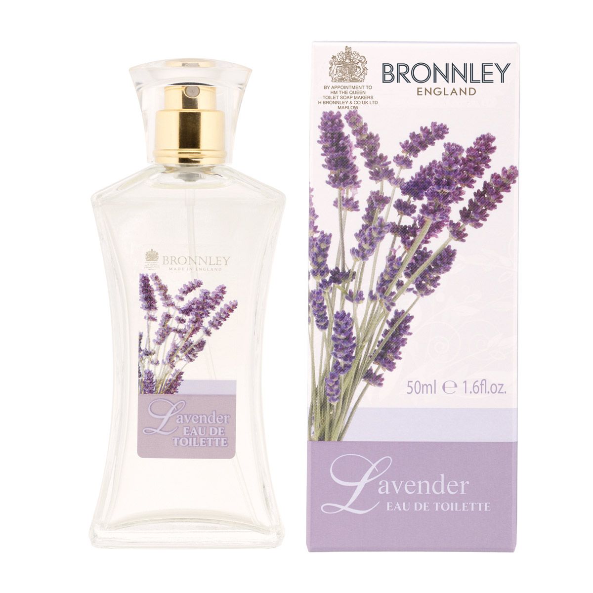 Flakon und Schachtel mit Lavendel-Motiv. Aufschrift: BRONNLEY England, Lavender Eau de Toilette. 50ml.