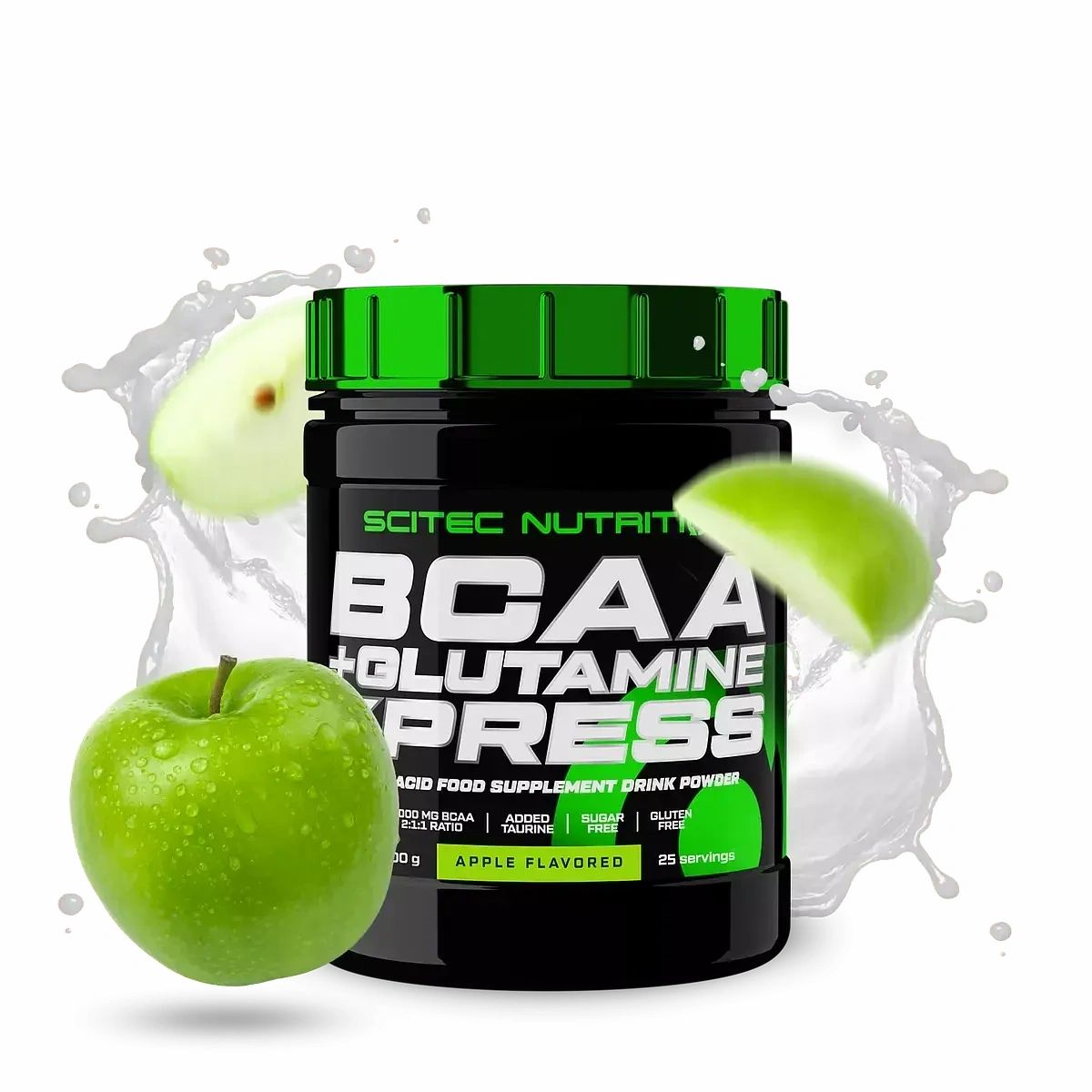 Schwarze Dose mit grünem Deckel. Aufschrift: Scitec Nutrition BCAA + Glutamine Xpress. Apfelstücke und Wasserspritzer.