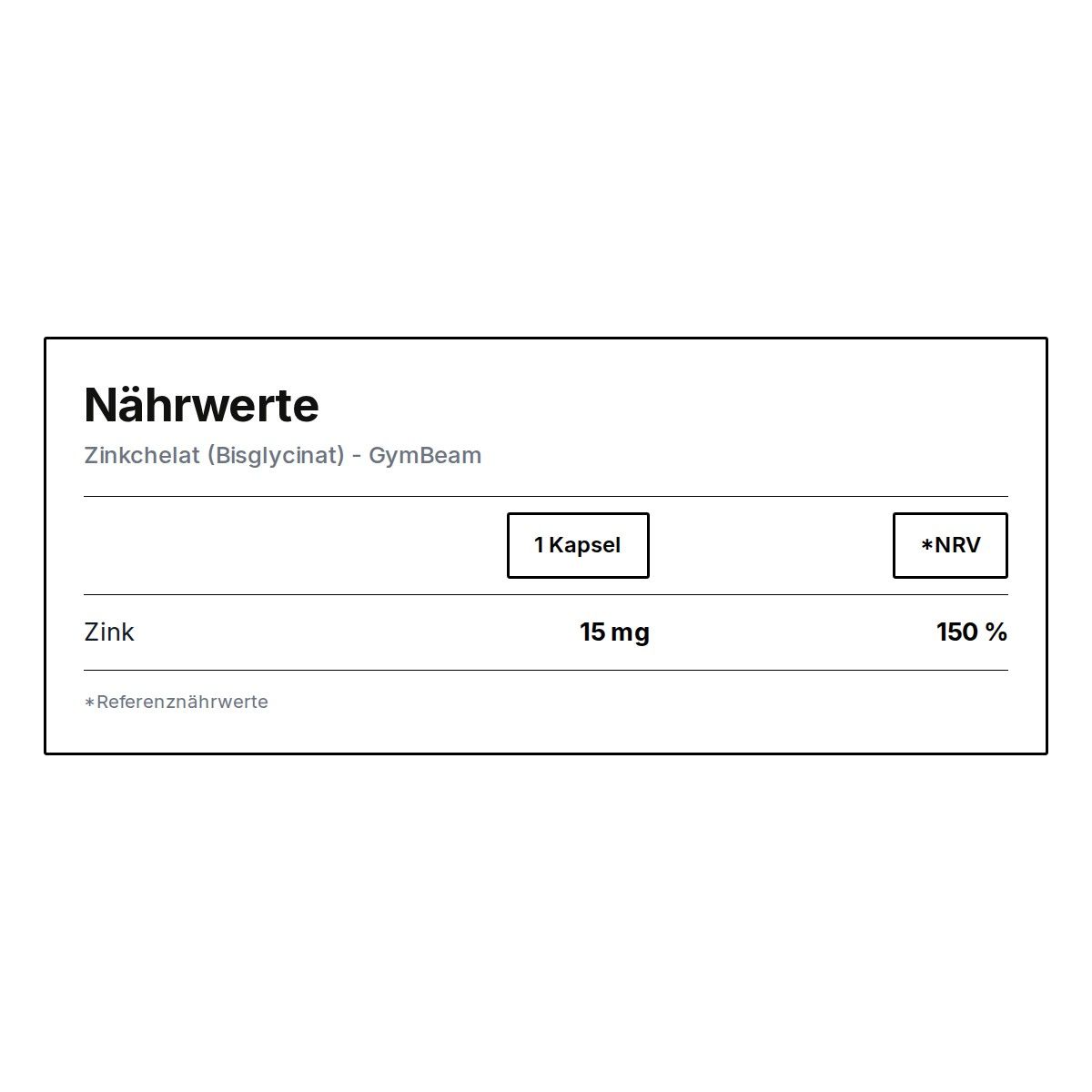 Nährwerte: Zinkchelat (Bisglycinat) - GymBeam. 1 Kapsel, 15 mg Zink (150% NRV).