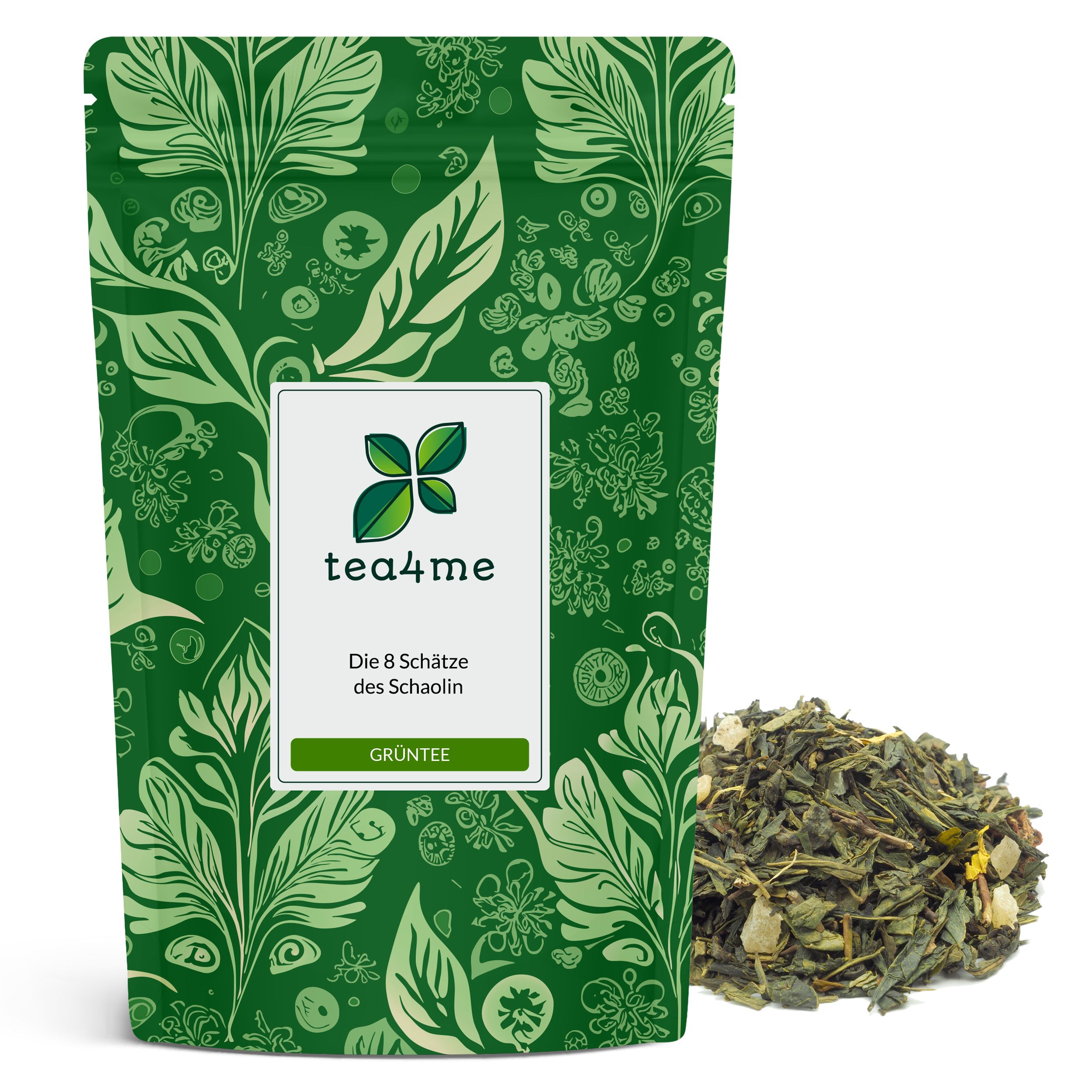 Grüner Teebeutel mit Logo und Text. Daneben loser Tee.