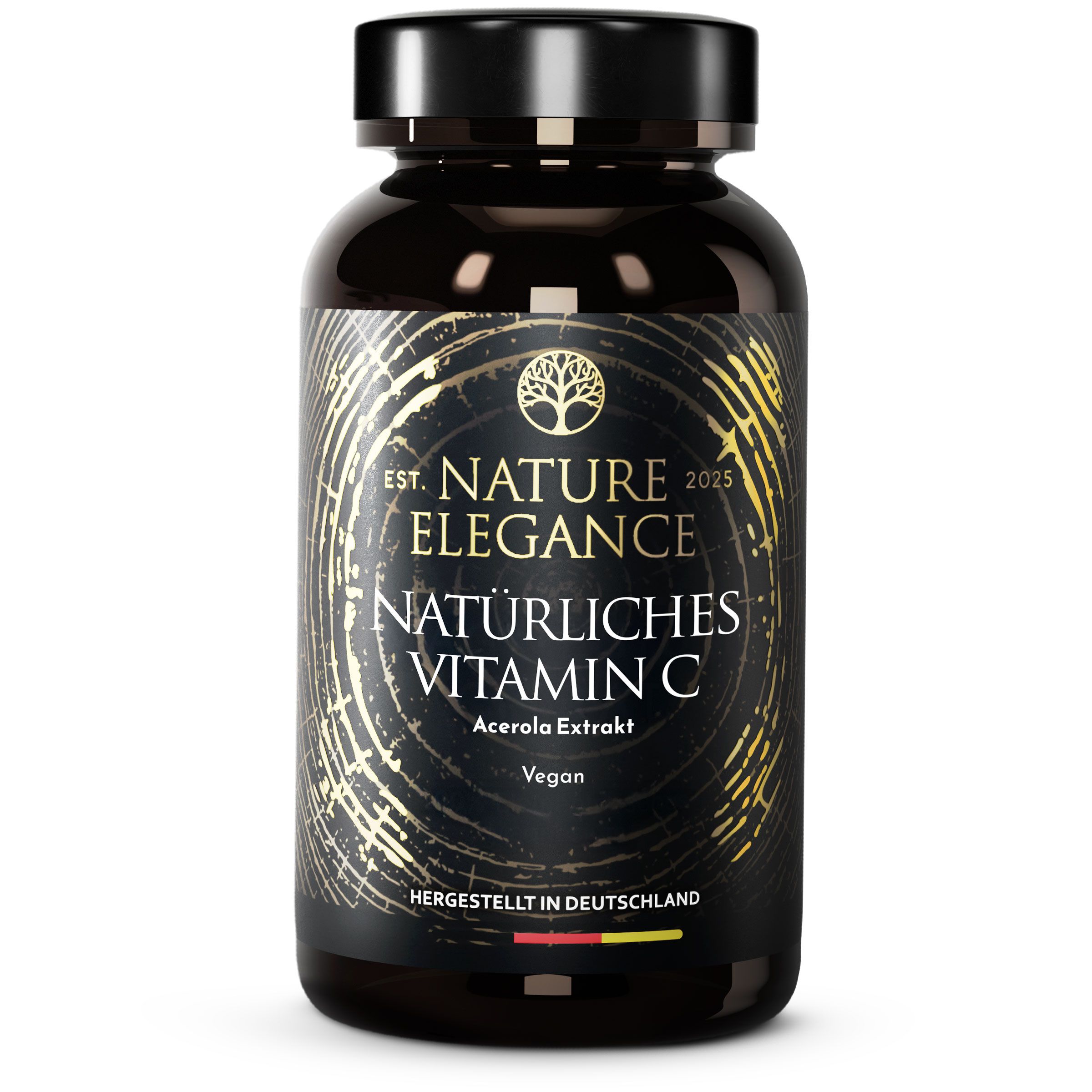 Braune Flasche mit schwarzem Deckel. Aufschrift: Nature Elegance, Natürliches Vitamin C, Acerola Extrakt, Vegan. Hergestellt in Deutschland.