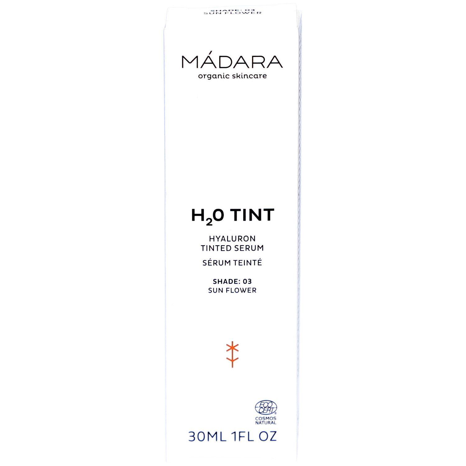 Weiße Verpackung mit Produktinformationen. Schriftzug: MÁDARA, H2O TINT, Hyaluron Tinted Serum, Shade: 03 Sun Flower. 30ml 1FL OZ.