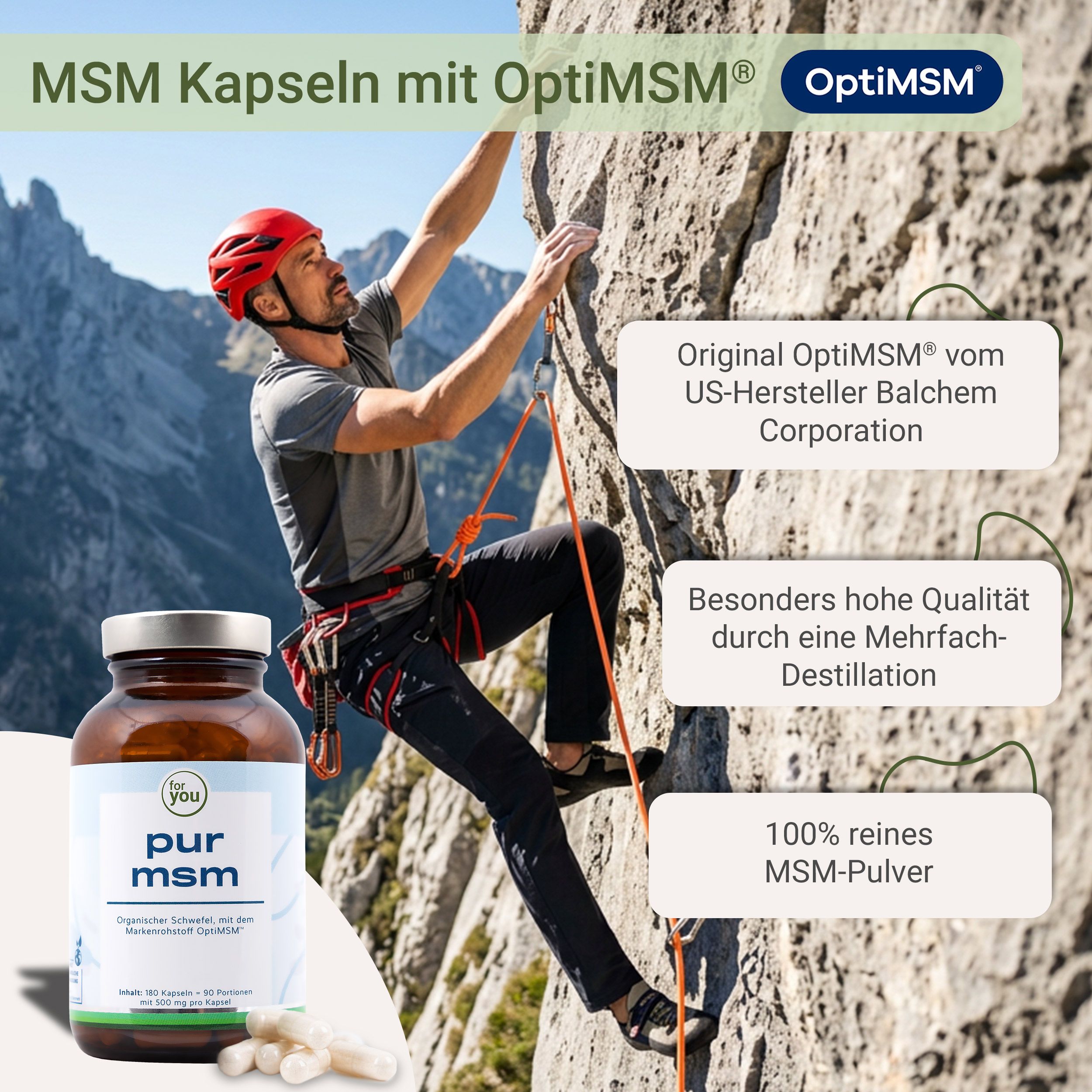 Mann klettert an einem Felsen, daneben eine Flasche MSM-Kapseln.