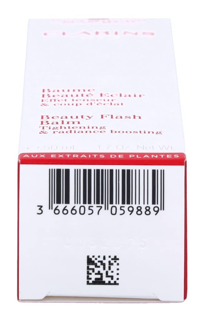 Karton mit Barcode und QR-Code. Aufschrift: Clarins, Baume Beauté Eclair, Beauty Flash Balm.