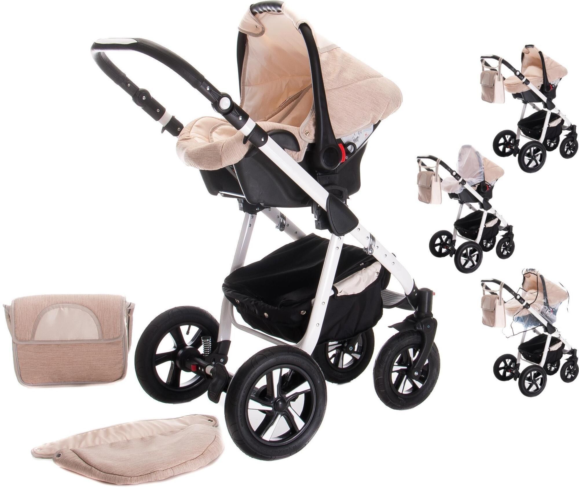 Kinderwagen-Komplettset in Cappuccino. Enthält Babywanne, Sportwagenaufsatz, Wickeltasche, ISOFIX-Basis und Zubehör. Hartgummireifen.