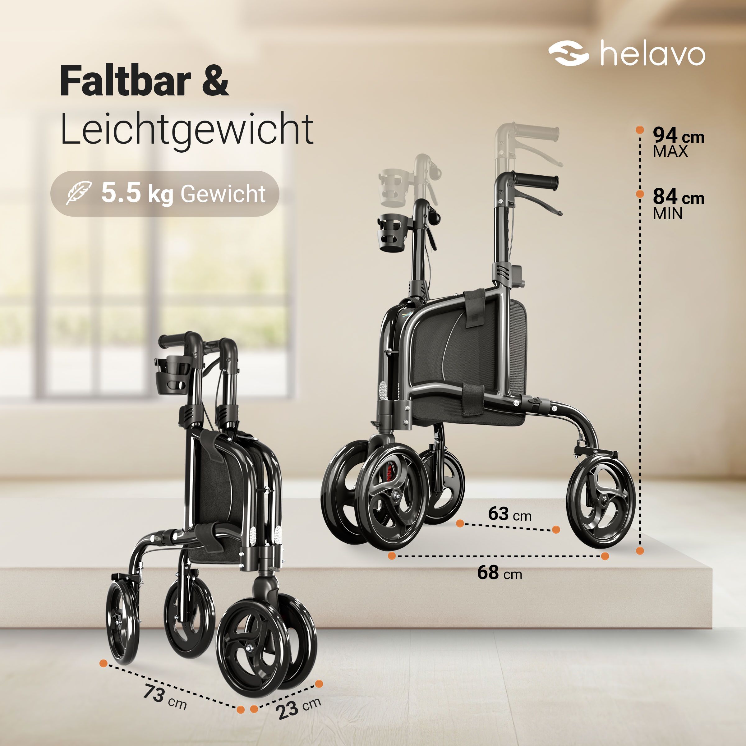 Helavo Dreiradrollator schmal faltbar 3 Raeder Aluminium All Terrain Gehhilfe 5,5kg