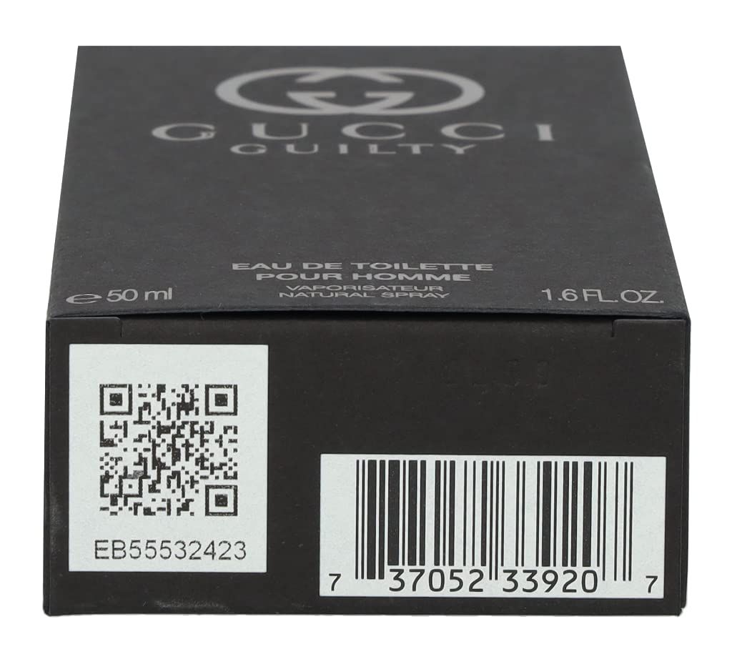 Oberseite der GUCCI Guilty Homme Verpackung. Schwarzer Karton mit Logo, QR-Code und Barcode. Volumen: 50 ml.