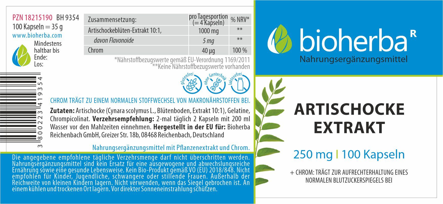 Etikett mit Text: Bioherba, Artischocke Extrakt, 250 mg, 100 Kapseln. Enthält Informationen zu Inhaltsstoffen und Verzehrempfehlung.