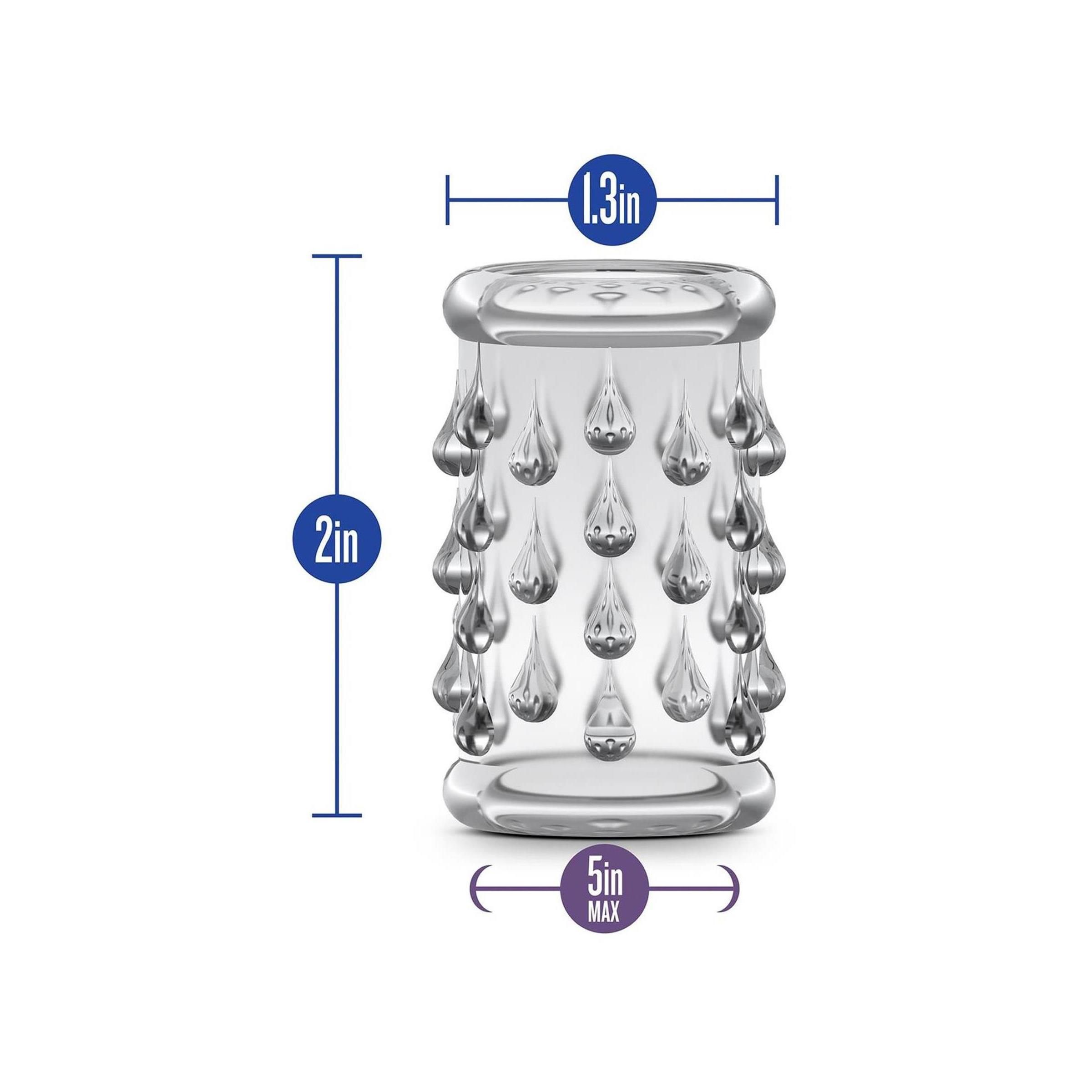 Transparenter Sleeve mit tropfenförmigen Strukturen. Maße: 2 Zoll hoch, 1,3 Zoll breit, 5 Zoll max.
