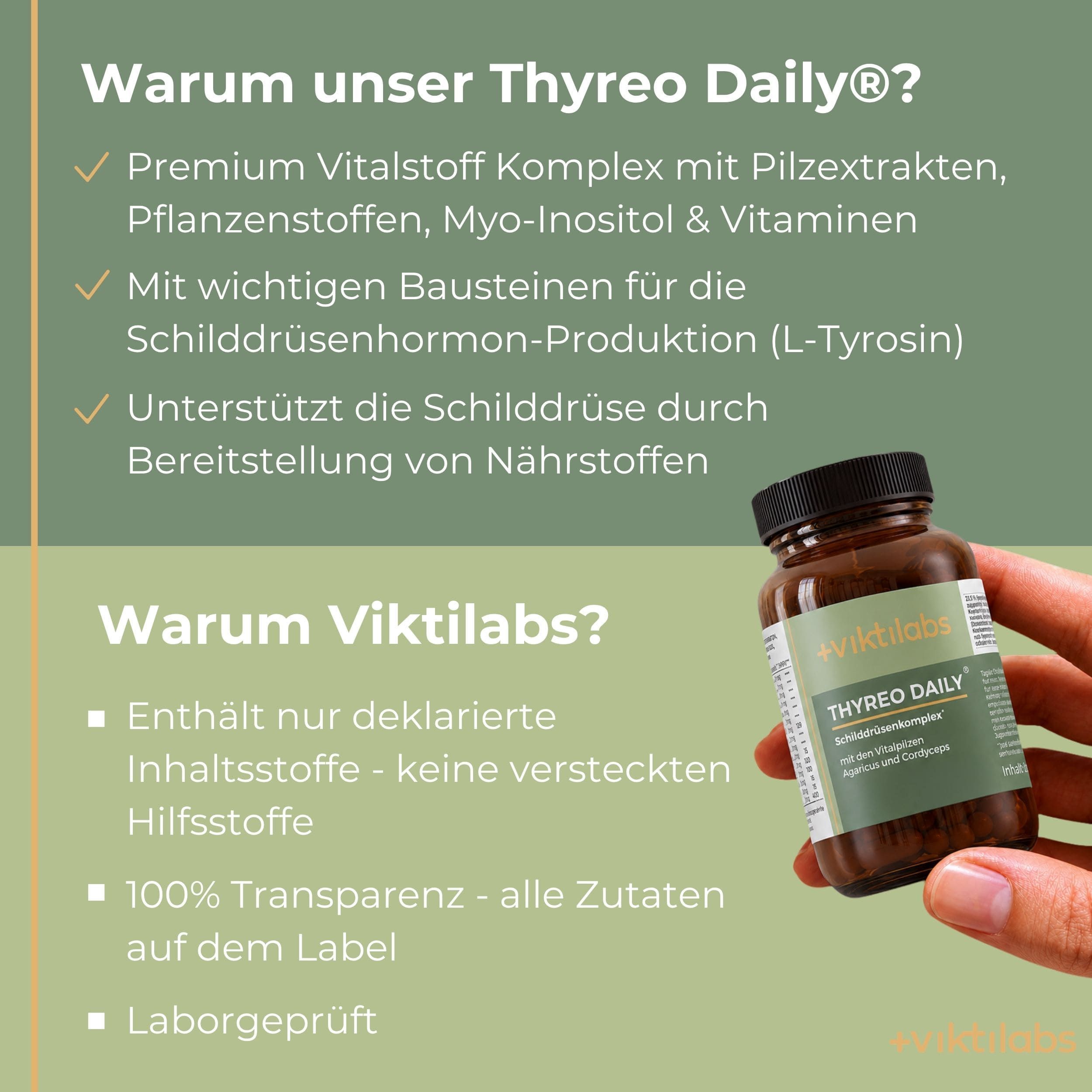 Hand hält eine Flasche Viktilabs Thyreo Daily. Text erklärt Vorteile und Viktilabs-Qualität.