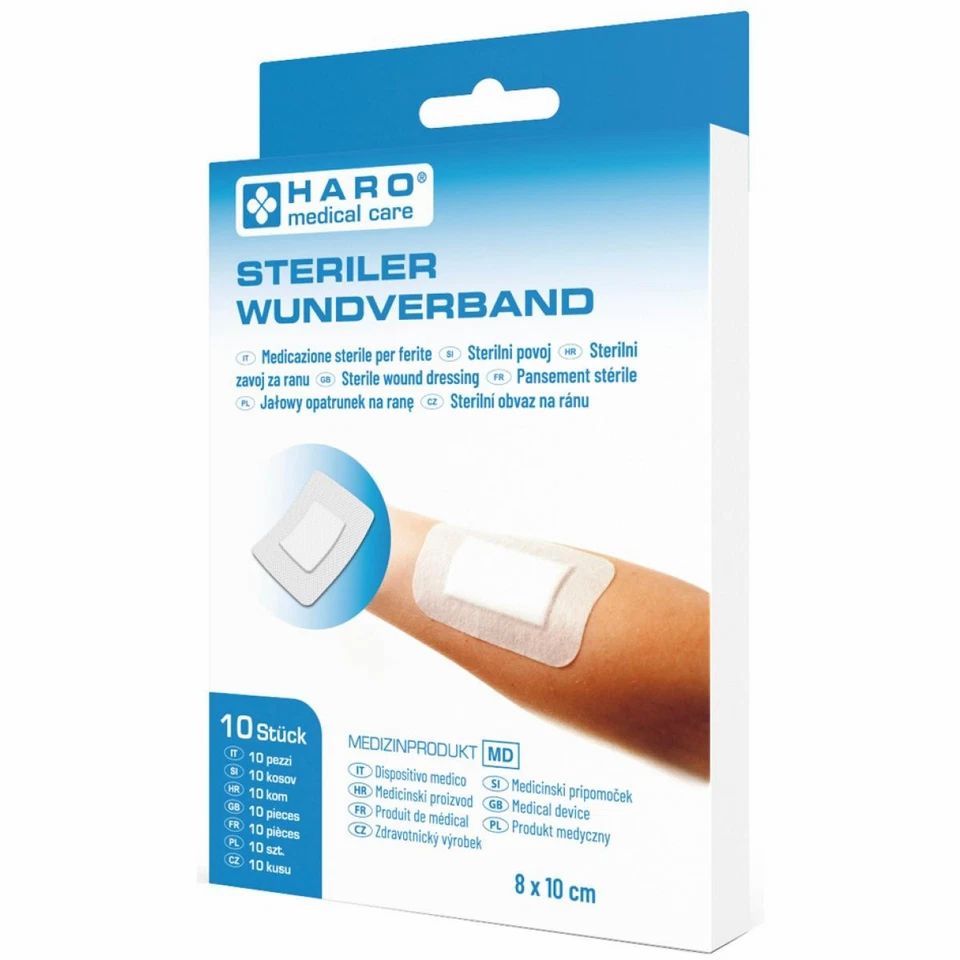 Verpakking van Haro Steriel Wondverband. Toont een verband op een arm. Afmetingen: 8 x 10 cm. 10 stuks. Medisch hulpmiddel.