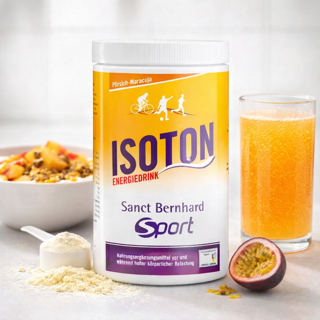 Dose Isoton Energiedrink, Müsli, Früchte und Glas Getränk.