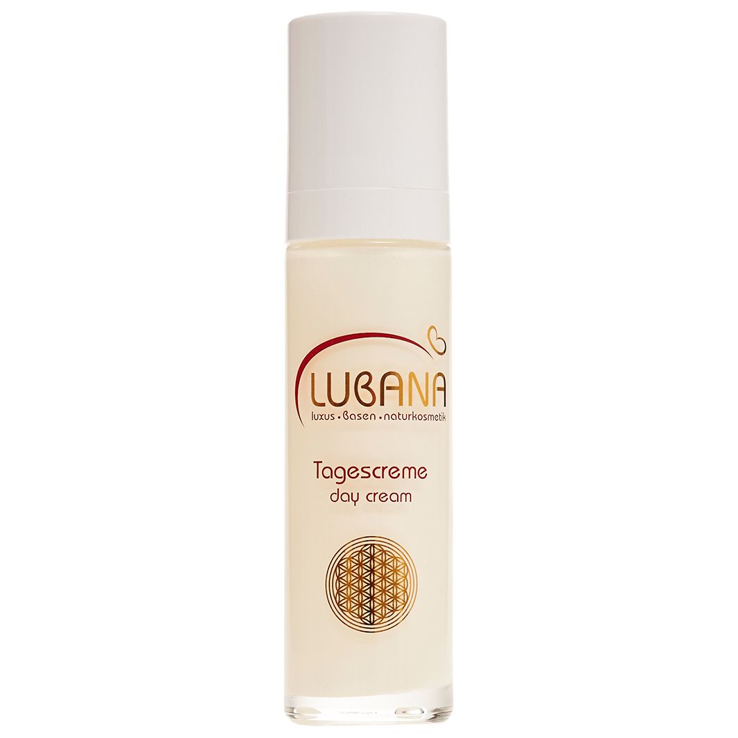Creme-Flakon mit weißem Deckel. Aufschrift: Lubana Tagescreme. Unterhalb ein goldenes Blumenmuster.
