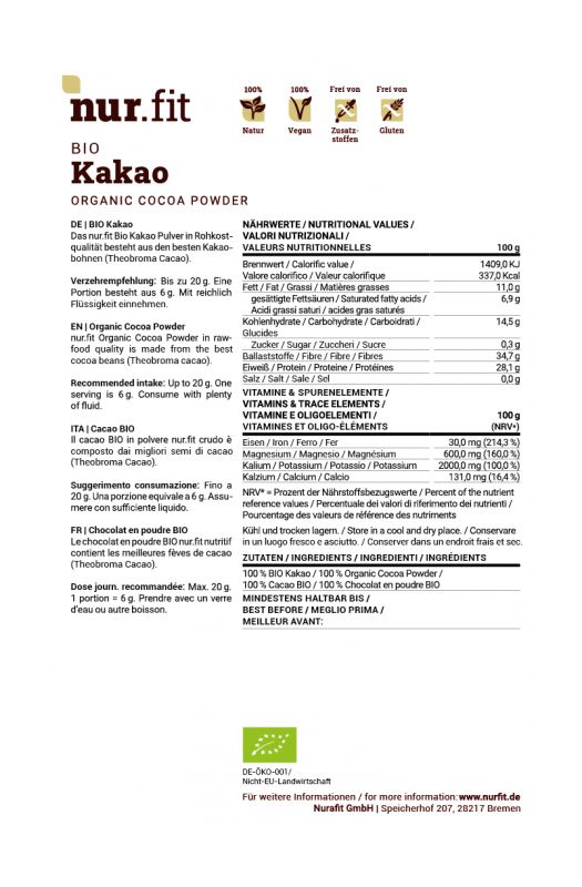 Text auf weißem Hintergrund. Nährwertangaben, Zutaten, Hersteller. BIO Kakao Pulver.