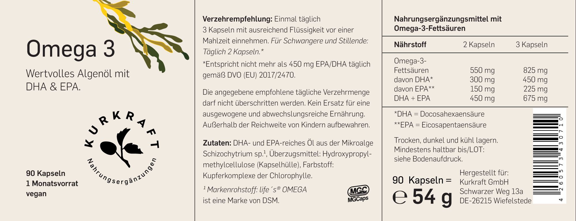 Etikett mit Informationen zu Omega 3. 90 Kapseln. Nährwertangaben. Hersteller: Kurkraft GmbH.