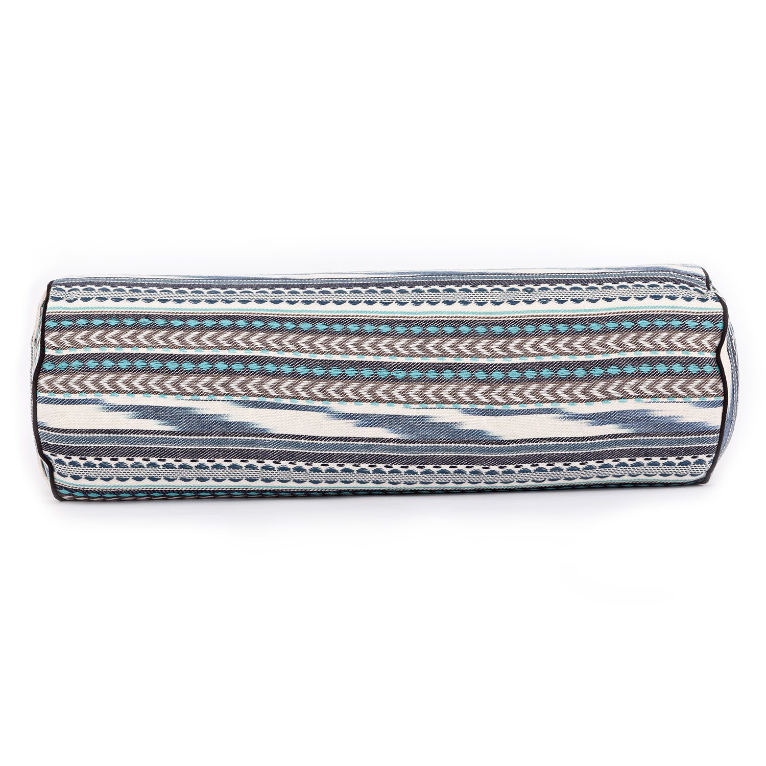 bodhi ETHNO Collection: Yoga-Bolster (rund), Ikat-Webstoff, schwarz-weiß-blau gem., Dinkelhülsen