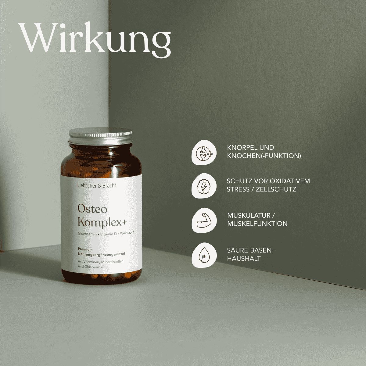 Braune Glasflasche mit weißem Etikett. Aufschrift: Osteo Komplex+. Grafische Darstellung der Wirkung.