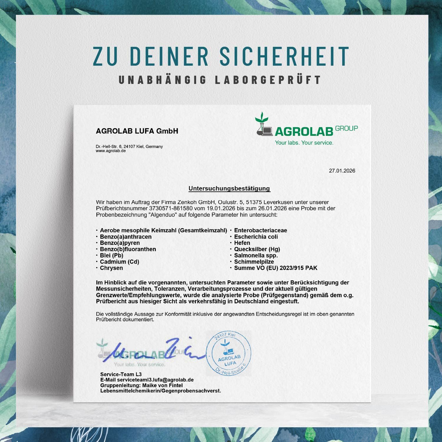 Zertifizierungsdokument von AGROLAB LUFA GmbH. Unabhängig laborgeprüft. Unterschriften und Stempel.