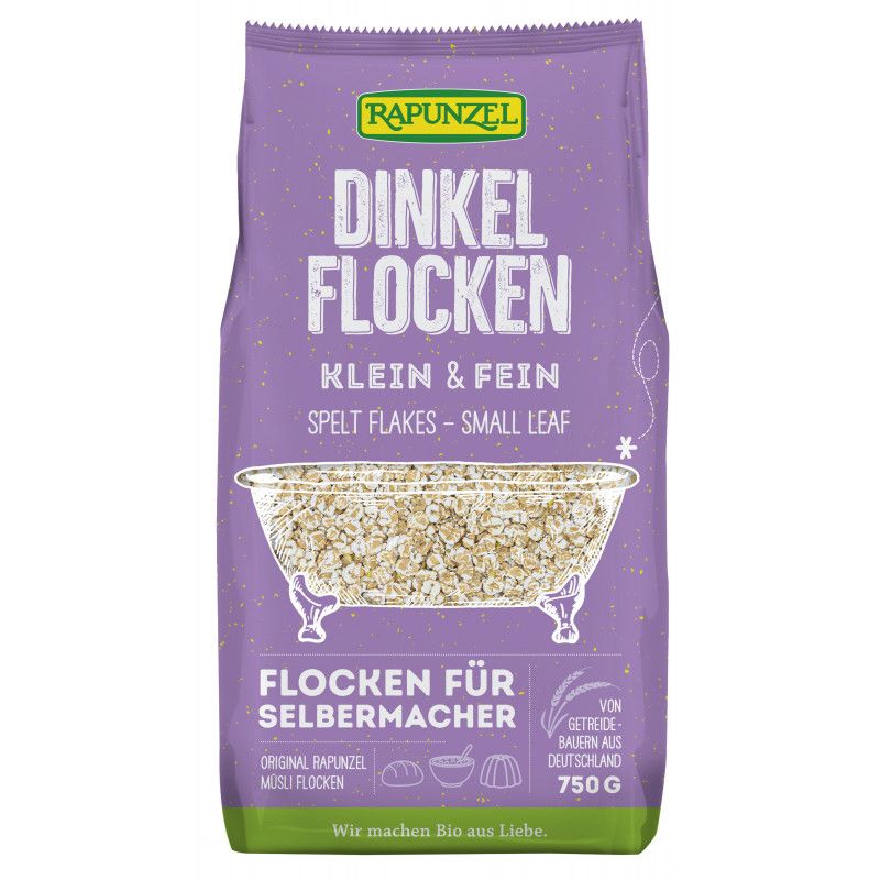 Verpackung mit Dinkelflocken. Aufschrift: Dinkelflocken, Klein & Fein, Spelt Flakes - Small Leaf. Marke: Rapunzel. 750g.