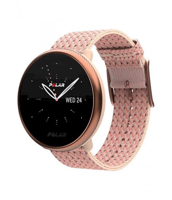 Roségoldfarbene Smartwatch mit pinkfarbenem Armband. Schwarzes Ziffernblatt mit weißen Zeigern und POLAR-Logo. Datum: WED 24.