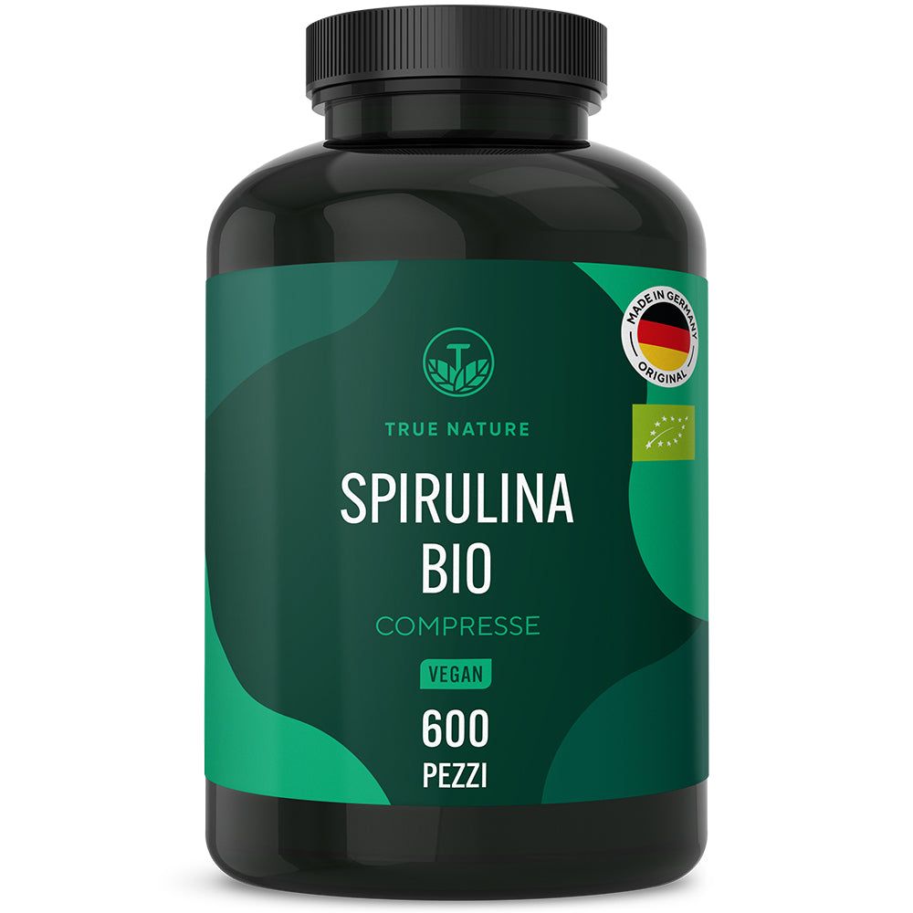Flacone scuro con TRUE NATURE Spirulina Bio Compresse. Vegano, 600 Pezzi.
