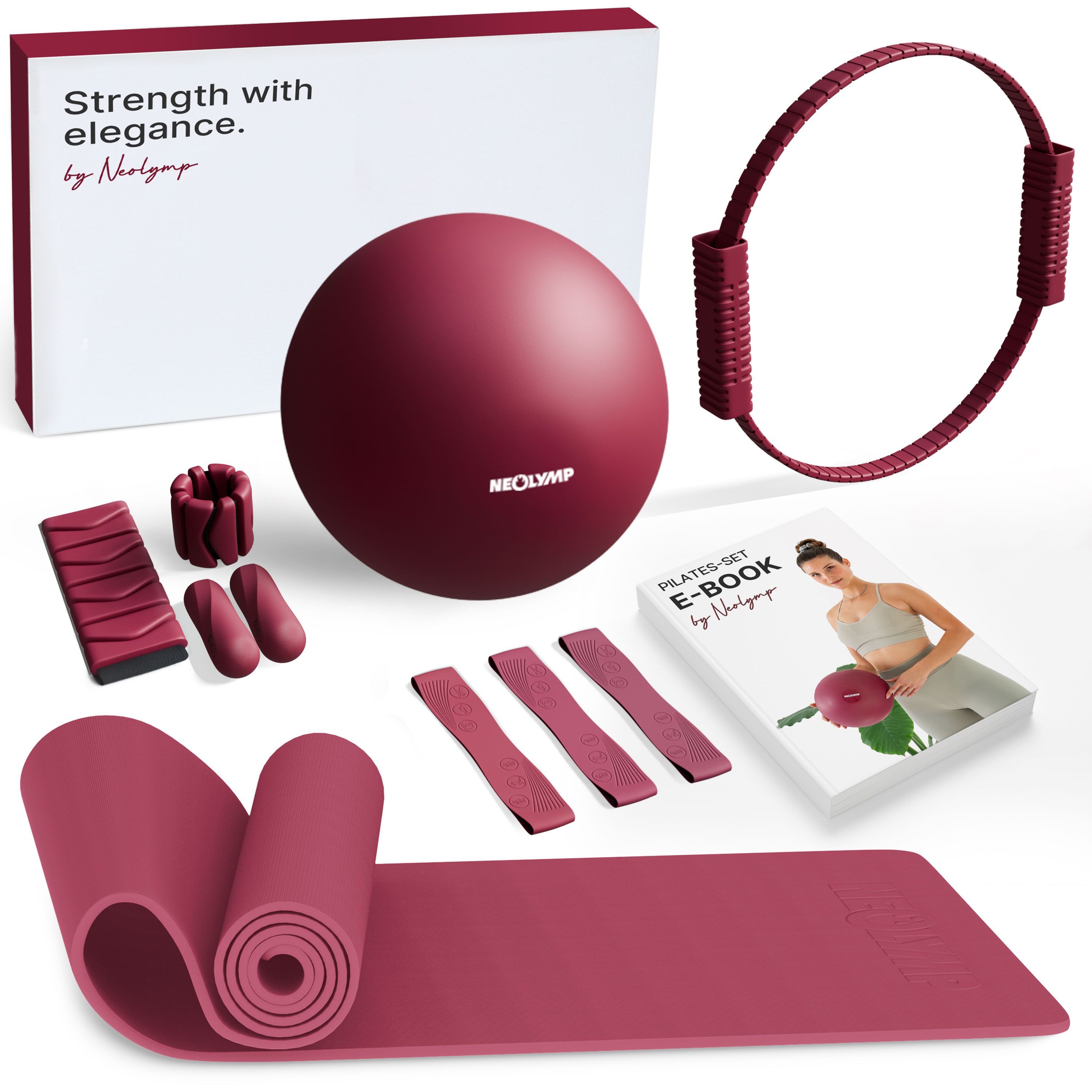 Pilates-Set mit Matte, Ball, Ring, Hanteln, Bändern, Gewichtsband und E-Book. Alle Artikel in Burgunderrot. Verpackung.