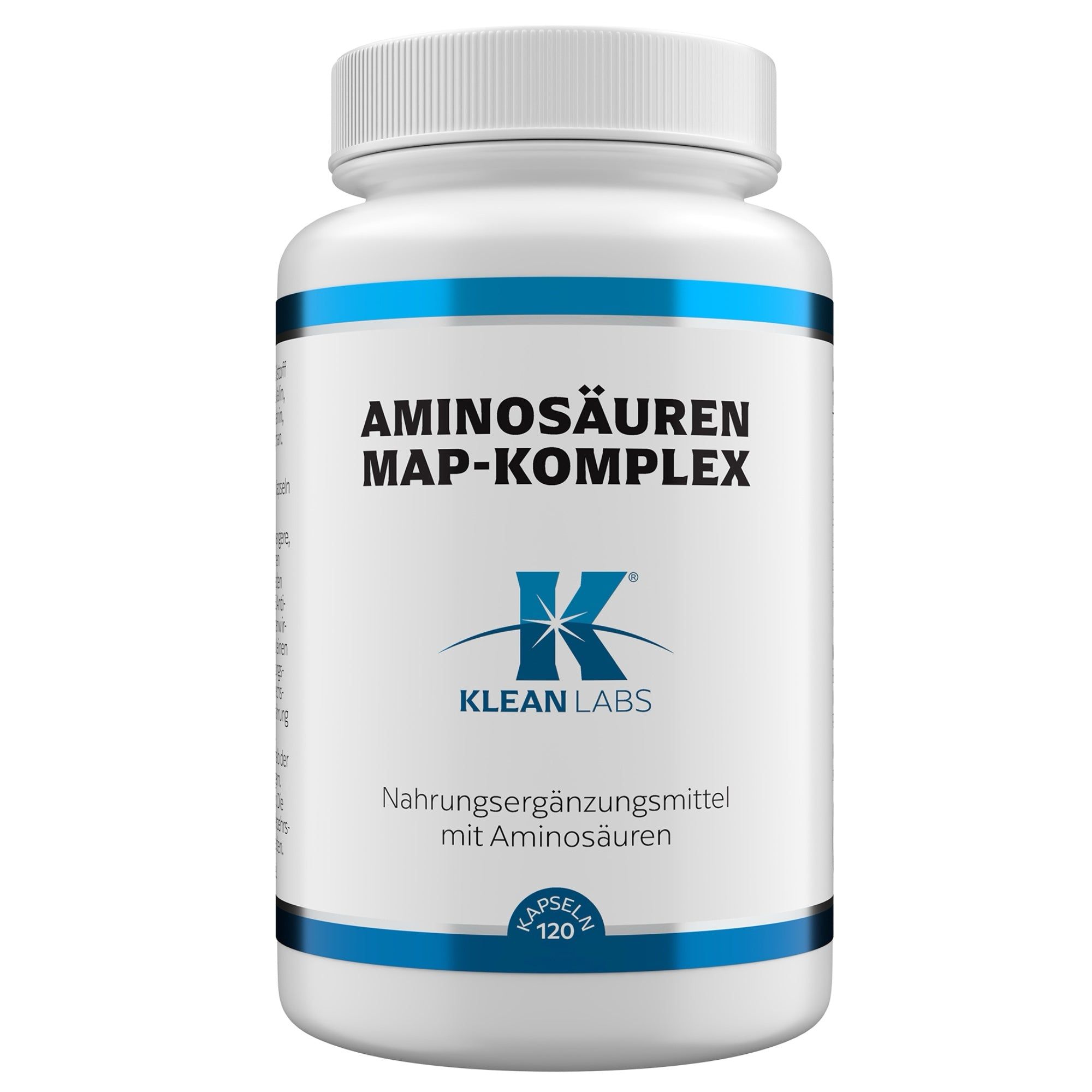 Weiße Kapsel-Flasche mit blauen Akzenten. Beschriftung: AMINOSÄUREN MAP-KOMPLEX, Klean Labs Logo, Nahrungsergänzungsmittel mit Aminosäuren, Kapseln 120.