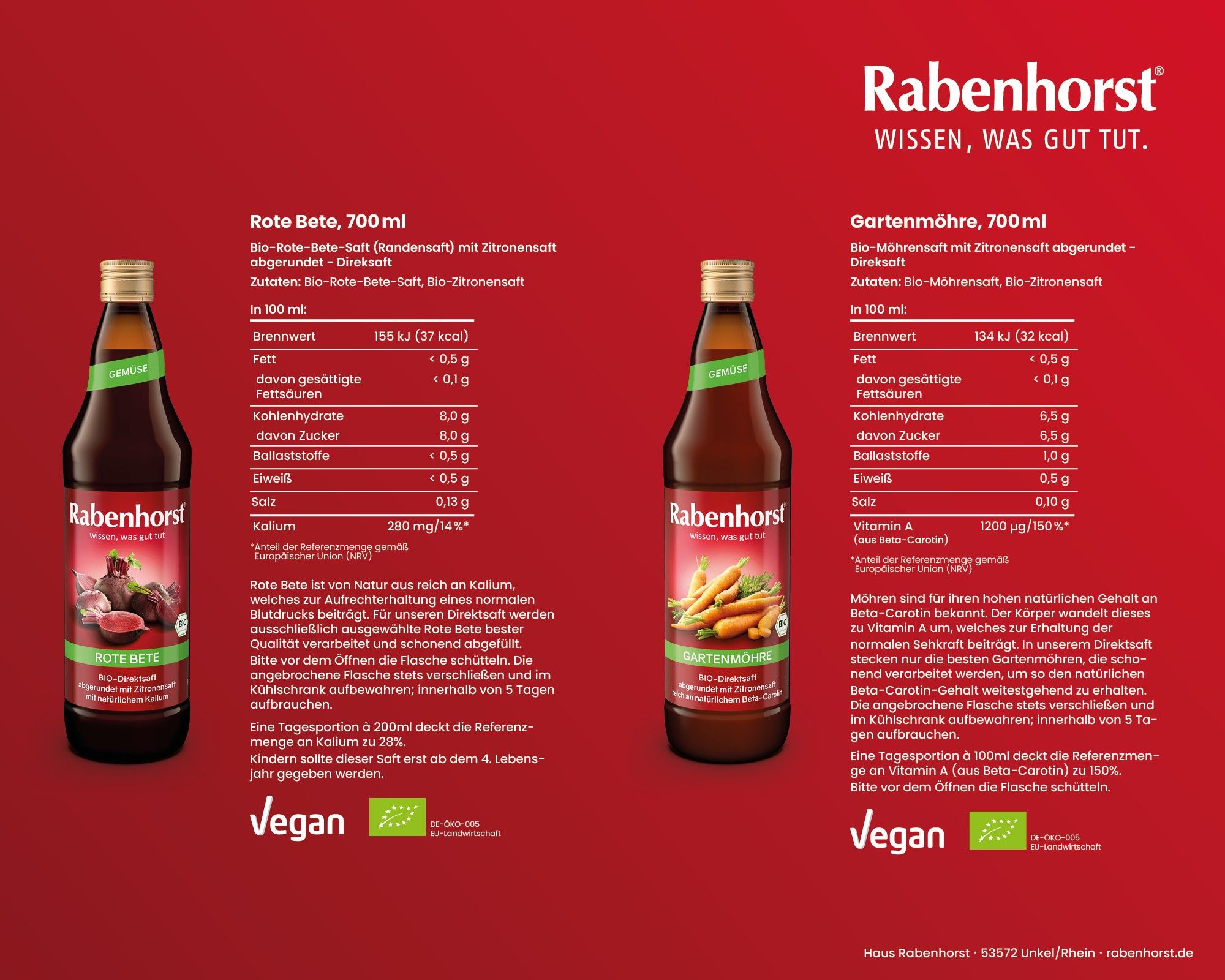 Zwei Flaschen Saft mit Etiketten. Nährwertangaben und Zutatenlisten. Vegan-Siegel und Bio-Siegel.