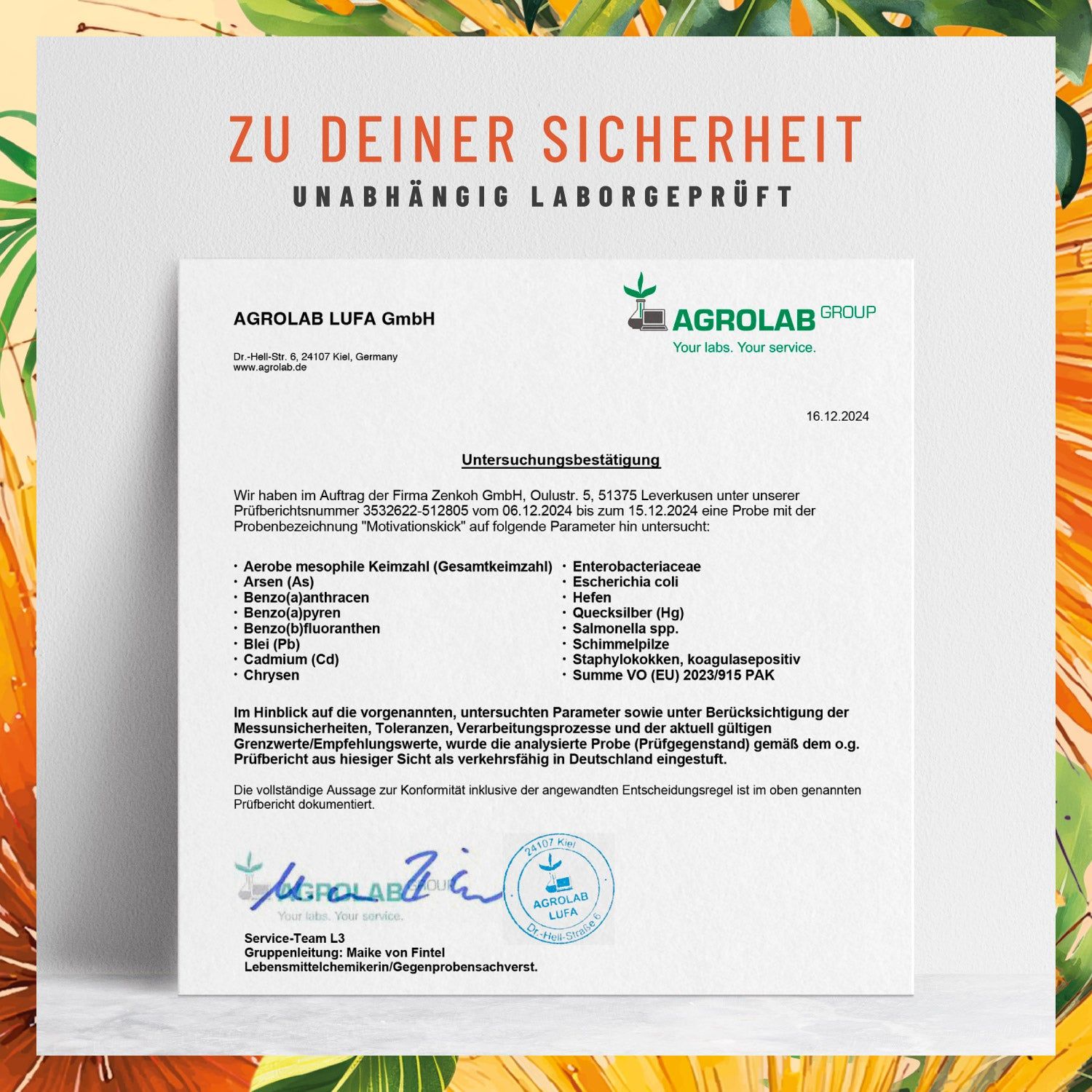Zertifikat von Agrolab LUFA GmbH. Unabhängige Laborprüfung. Details zu den untersuchten Parametern.