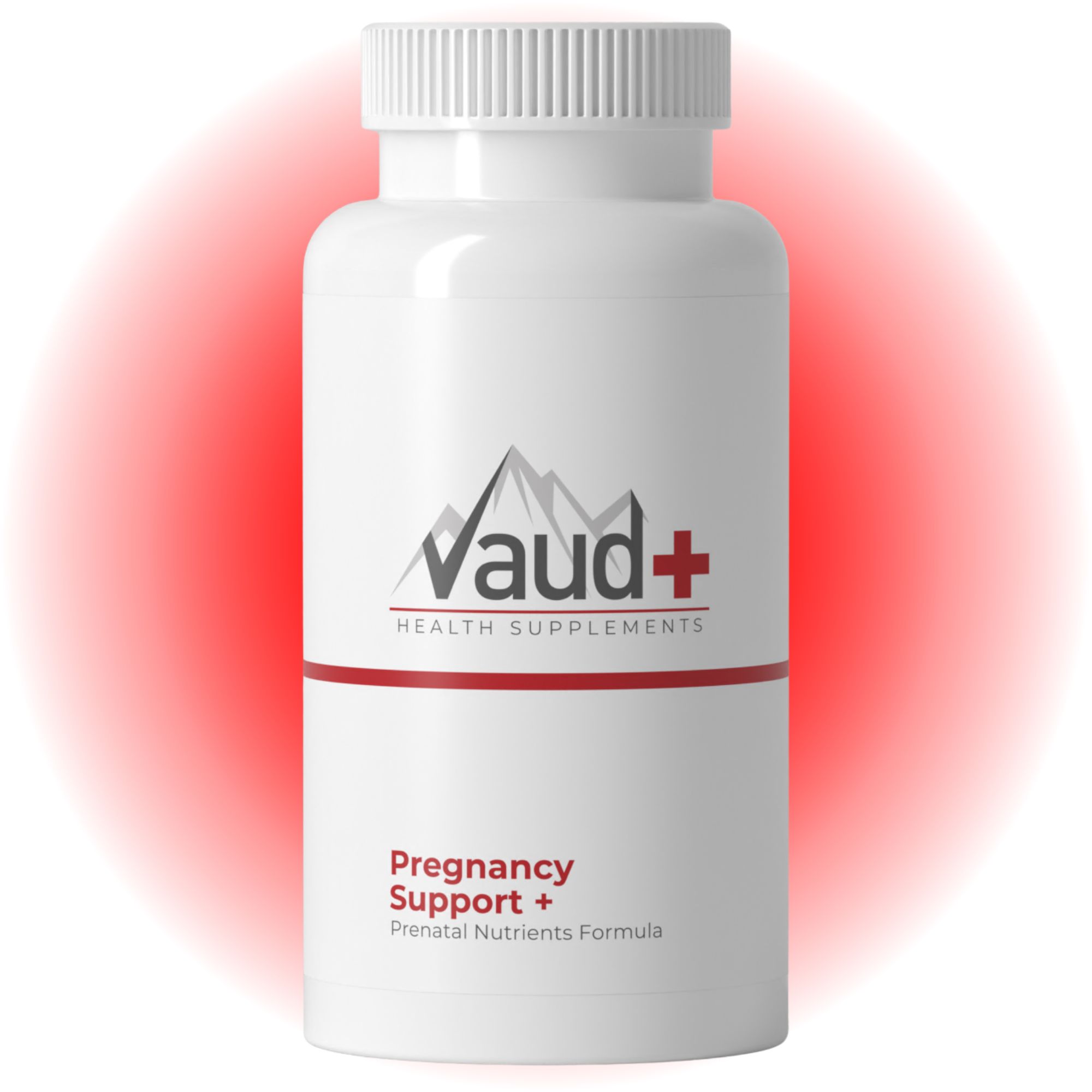 Weiße Flasche mit Kapseln. Aufschrift: Vaud+ Health Supplements, Pregnancy Support + Prenatal Nutrients Formula.