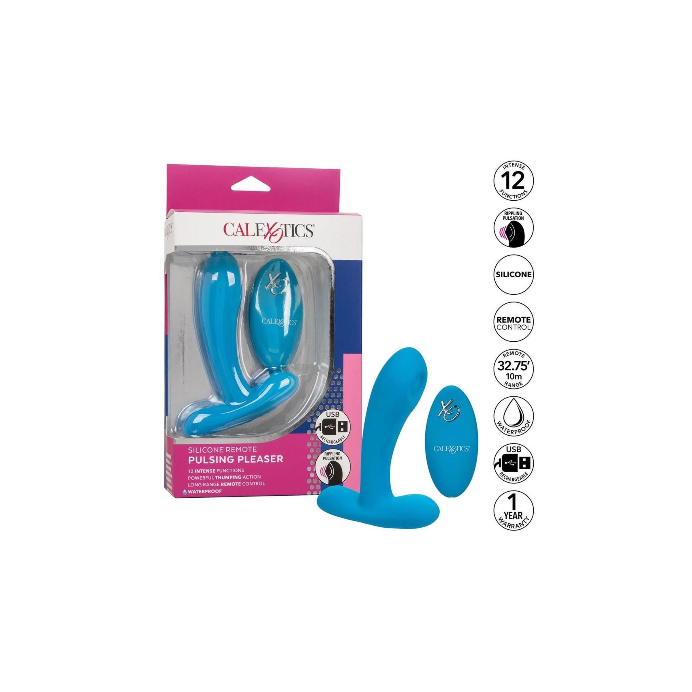 Blauer Silikon-Pleaser und Fernbedienung in Verpackung. Marke CalExotics. Mit USB-Anschluss und wasserdicht.