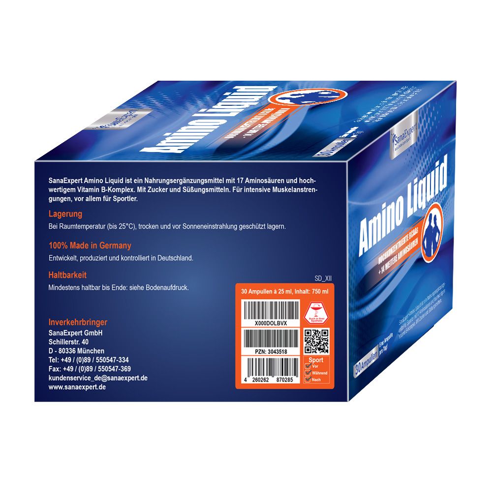 SanaExpert Amino Liquid Verpackung. Enthält 30 Ampullen. Text: 17 Aminosäuren, Vitamin B-Komplex. Hergestellt in Deutschland.