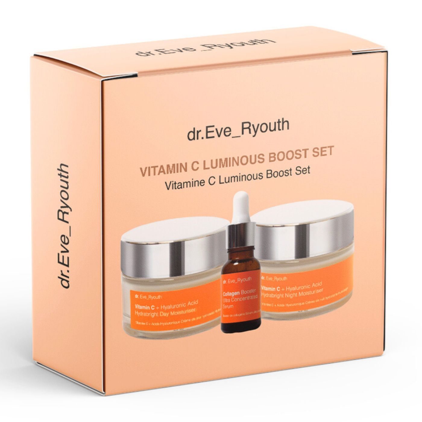 Set mit Cremes und Serum in einer Box. Aufdrucke: dr.Eve_Ryouth, Vitamin C Luminous Boost. Cremes mit Deckel, Serum mit Pipette.