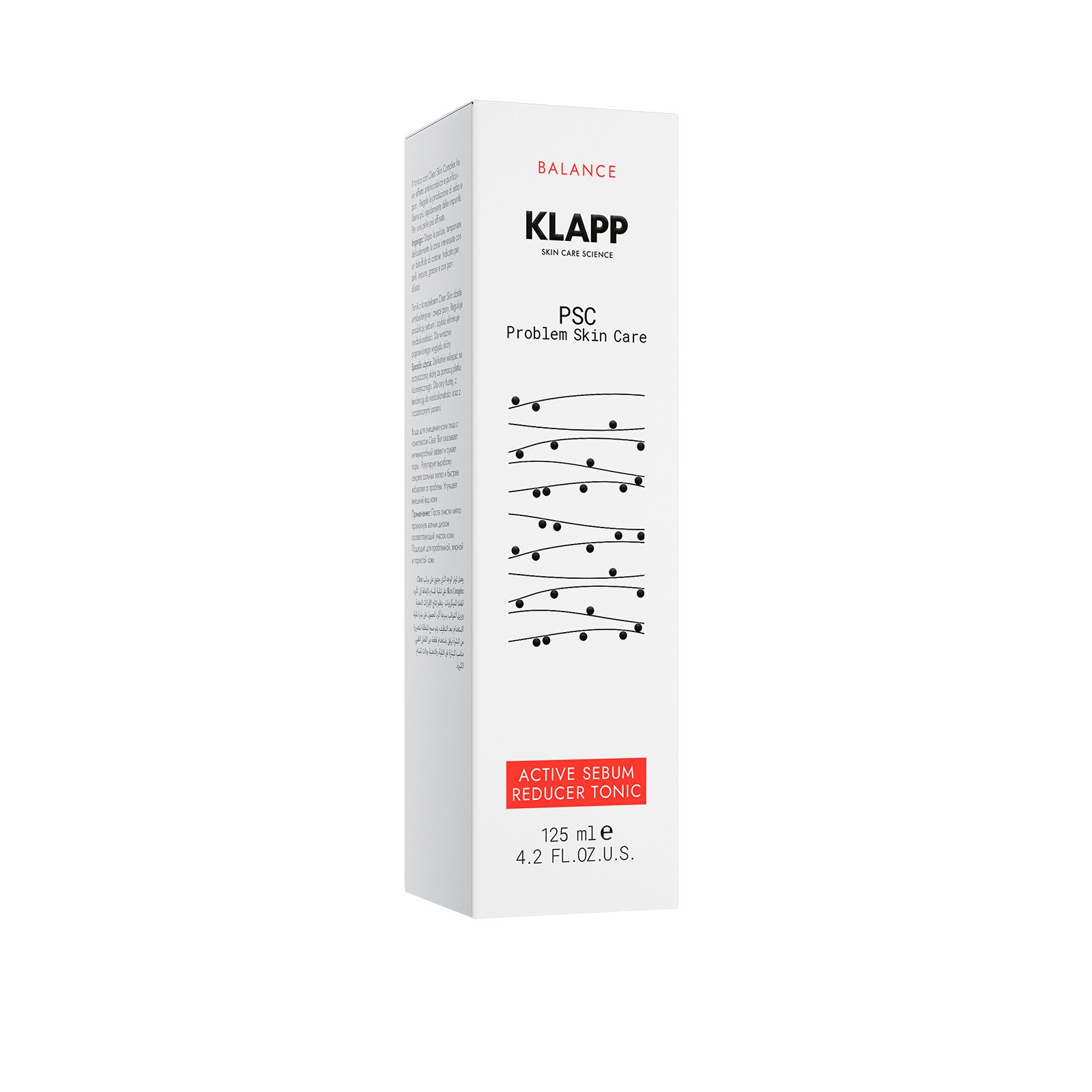 KLAPP PSC Active Sebum Reducer Tonic Kartonverpackung, 125 ml. Weißer Karton mit schwarzer und roter Beschriftung.
