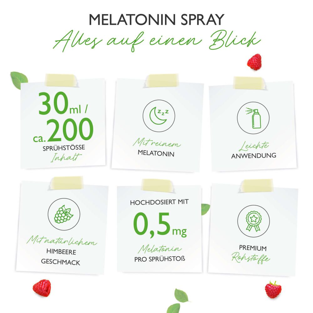 Sechs Notizzettel mit Produktinformationen. Enthält 30ml/200 Sprühstöße, Melatonin, leichte Anwendung, Himbeergeschmack, 0,5mg Melatonin, Premium Rohstoffe.