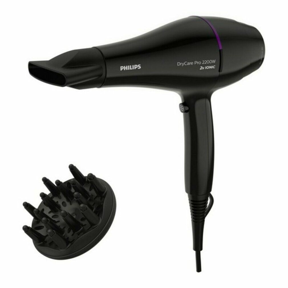 Schwarzer Haartrockner mit Diffusor. Aufschrift Philips, DryCare Pro 2200W, 2x IONIC.