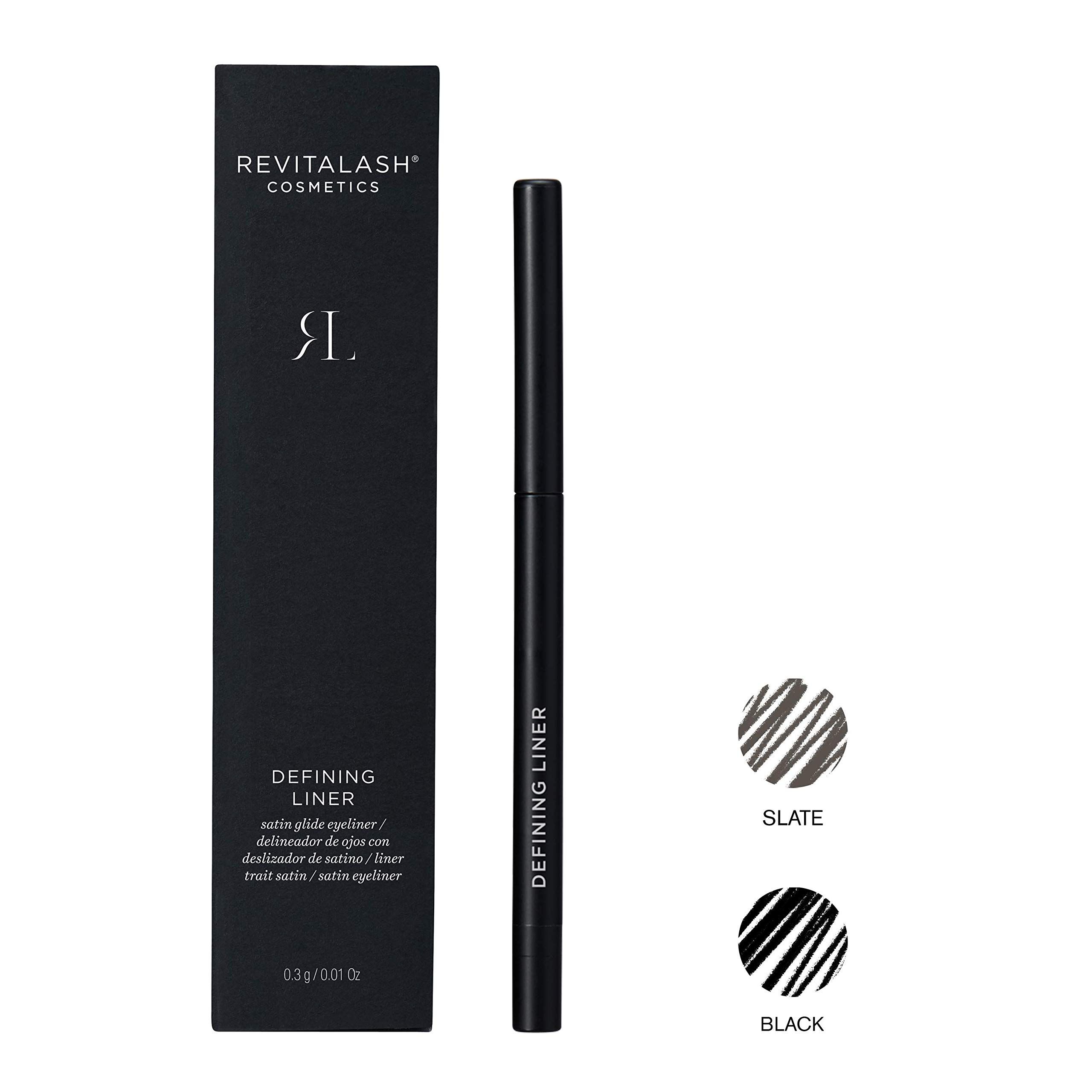 Schwarze Verpackung und schwarzer Eyeliner-Stift. Auf der Verpackung steht RevitaLash Cosmetics Defining Liner. Zwei Farbmuster.