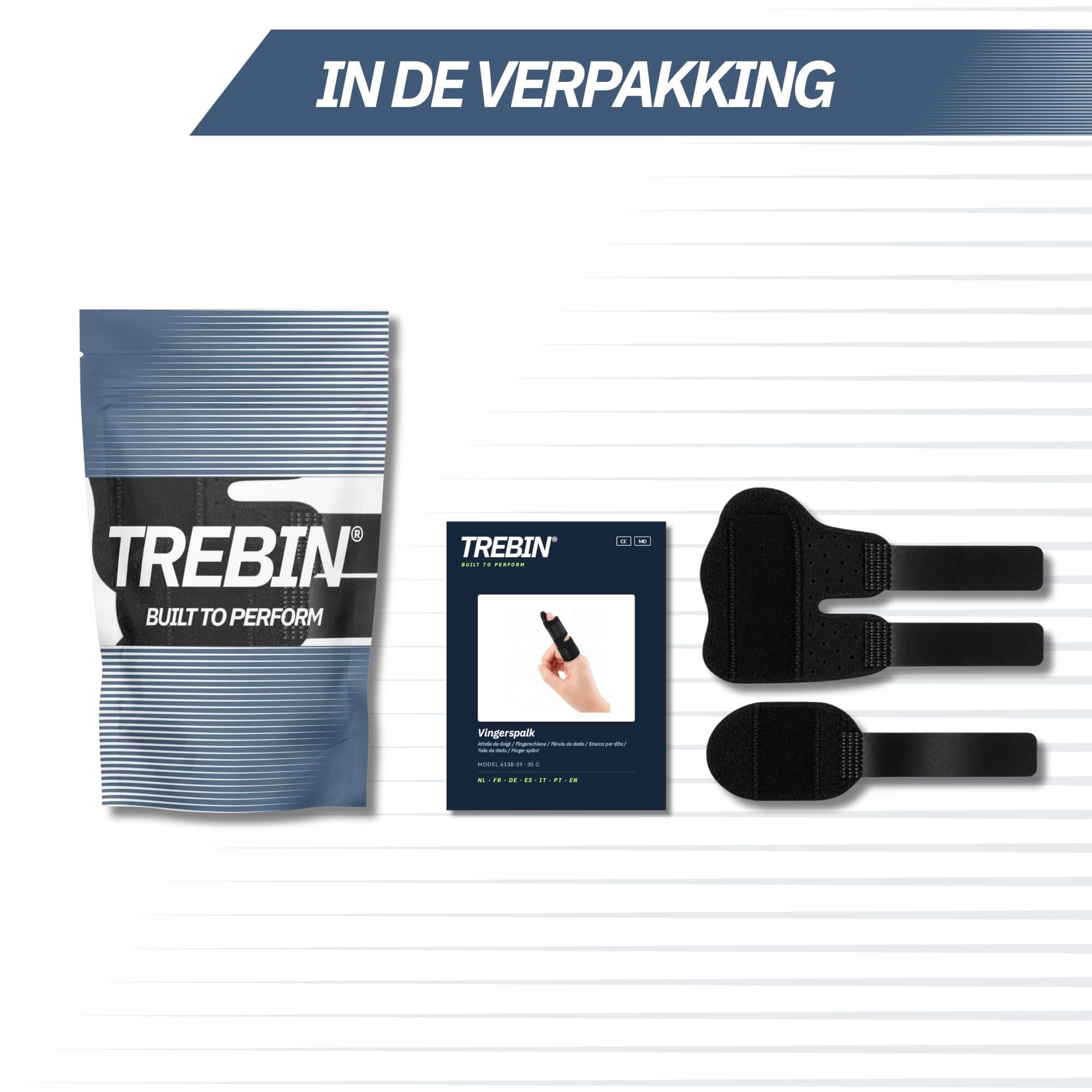 Verpackungsinhalt: Beutel, Produktverpackung und zwei schwarze Fingerorthesen.