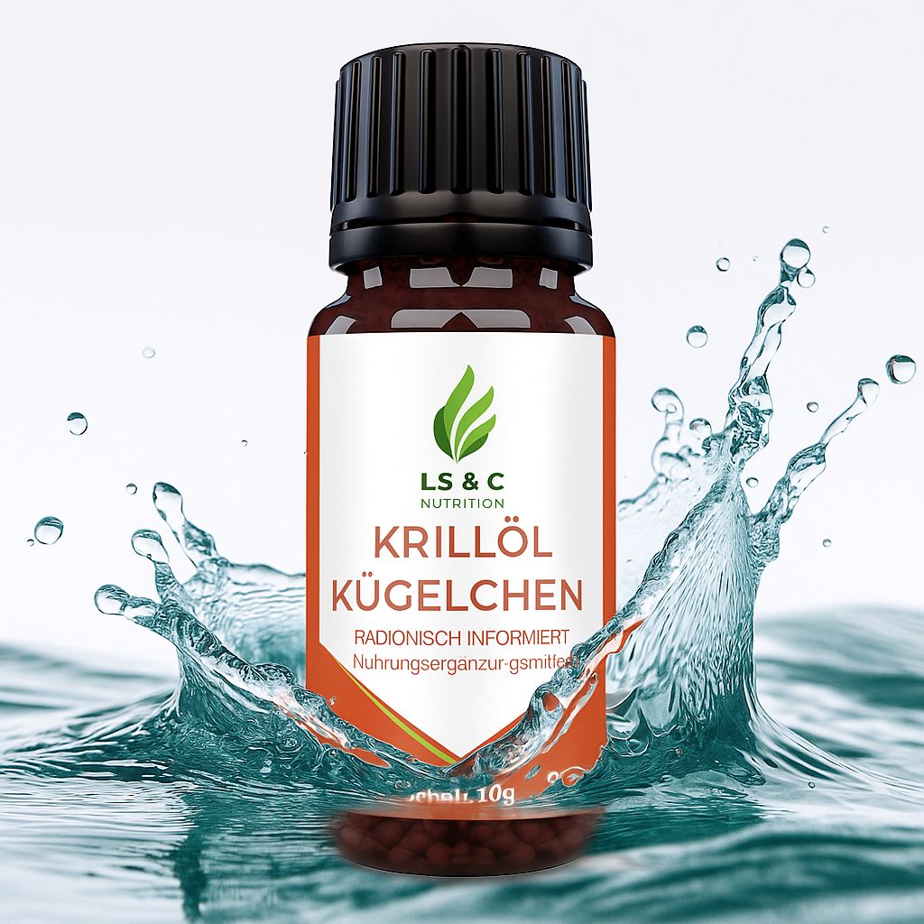 Braune Glasflasche mit schwarzem Deckel. Etikett mit Logo, Produktname und Inhaltsangabe. Wasser spritzt.