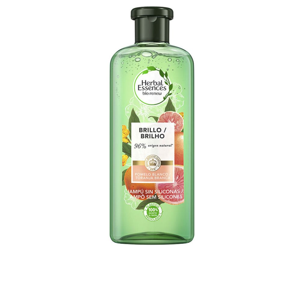 Grüne Shampoo-Flasche mit schwarzem Deckel. Etikett mit Produktnamen, Inhaltsstoffen und Logo. Brillo/Brilho. Pomelo/Toronja Blanca.
