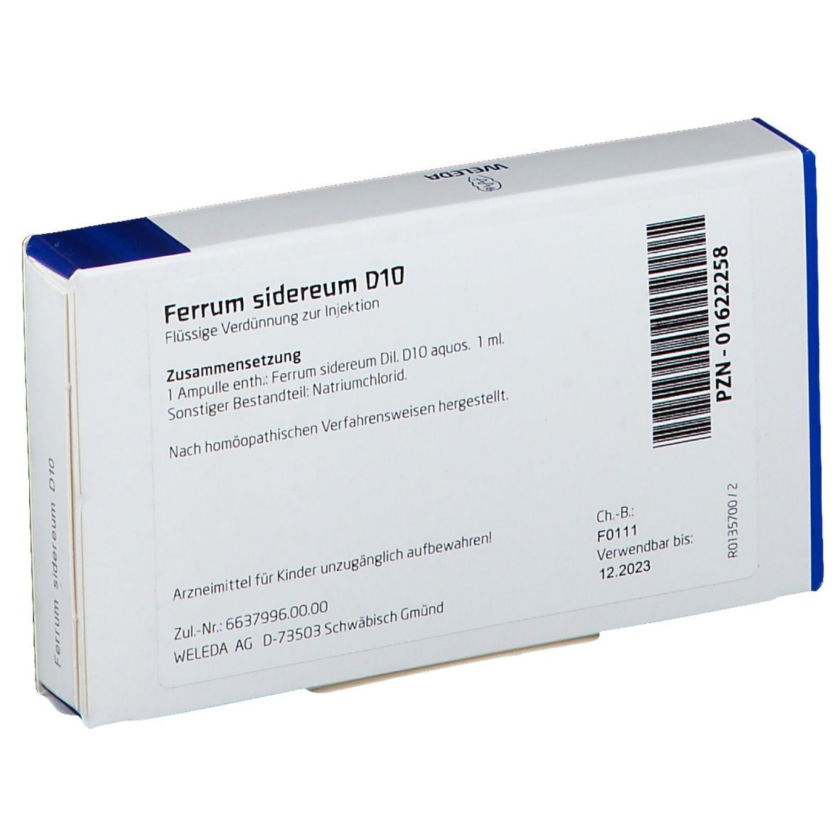 Rückseite der Weleda-Verpackung 'Ferrum sidereum D10'. Enthält Informationen zur Zusammensetzung und Haltbarkeit bis 12.2023.
