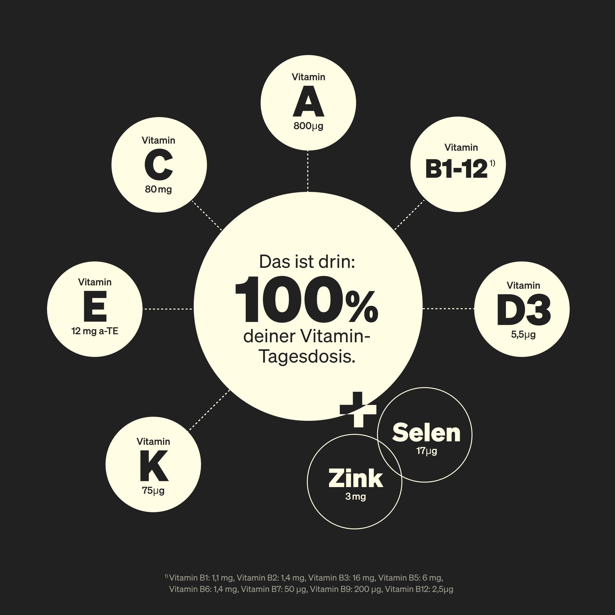Kreisförmige Darstellung von Vitaminen und Mineralstoffen. Enthält Vitamin A, C, E, K, B1-12, D3, Zink und Selen.