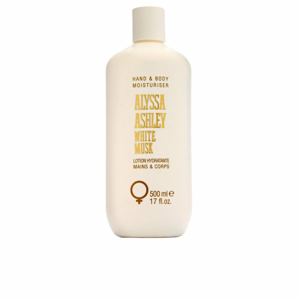 Weiße Flasche "Alyssa Ashley White Musk Hand & Body Moisturiser". 500 ml. Mit Deckel.