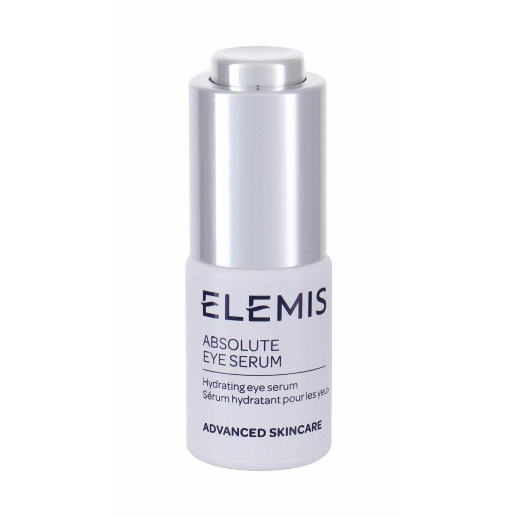 Elemis Absolute Eye Serum. Weiße Flasche mit silbernem Deckel. Produktname und Text auf der Vorderseite.