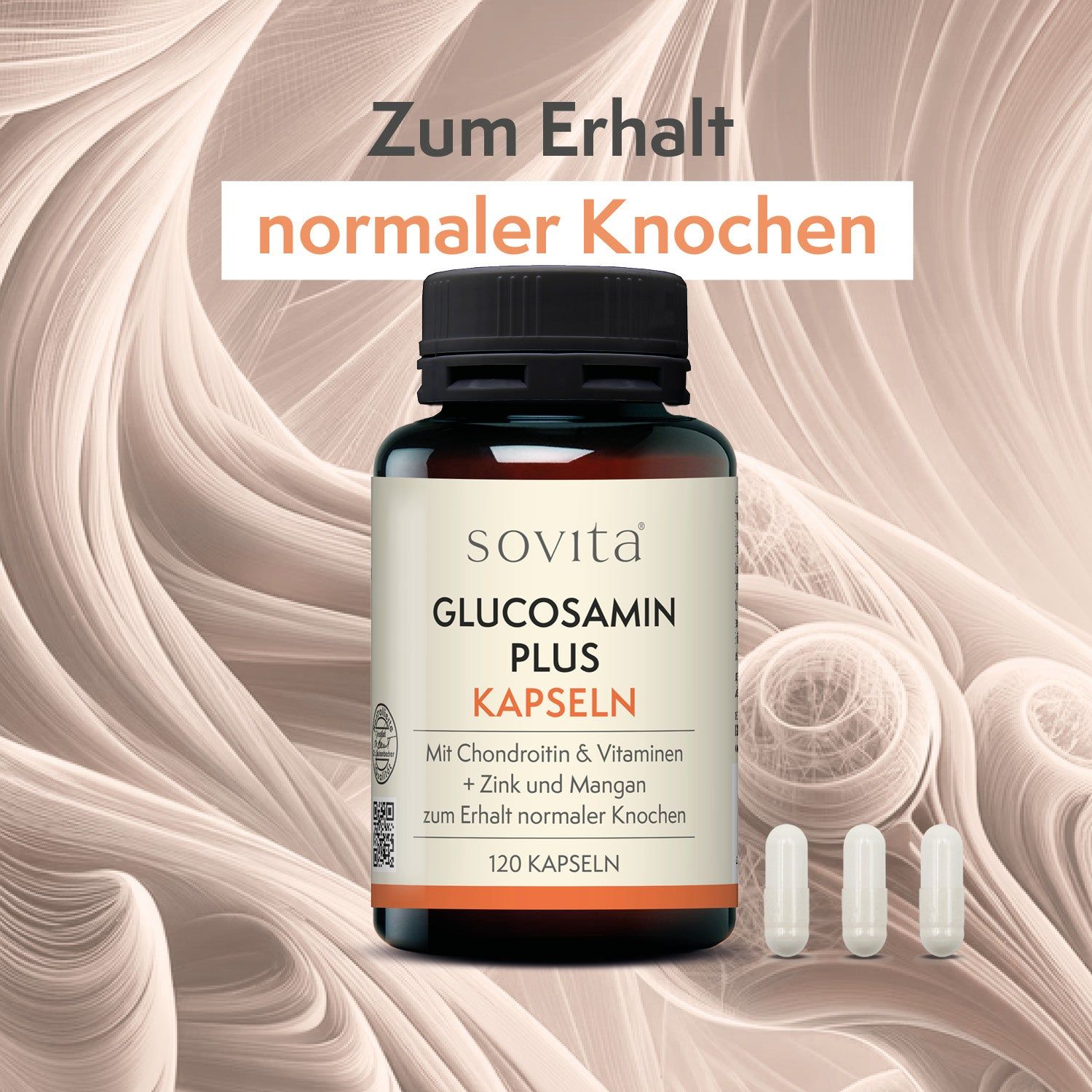 Braune Glasflasche mit sovita Glucosamin Plus Kapseln und drei Kapseln daneben. Text: Zum Erhalt normaler Knochen.