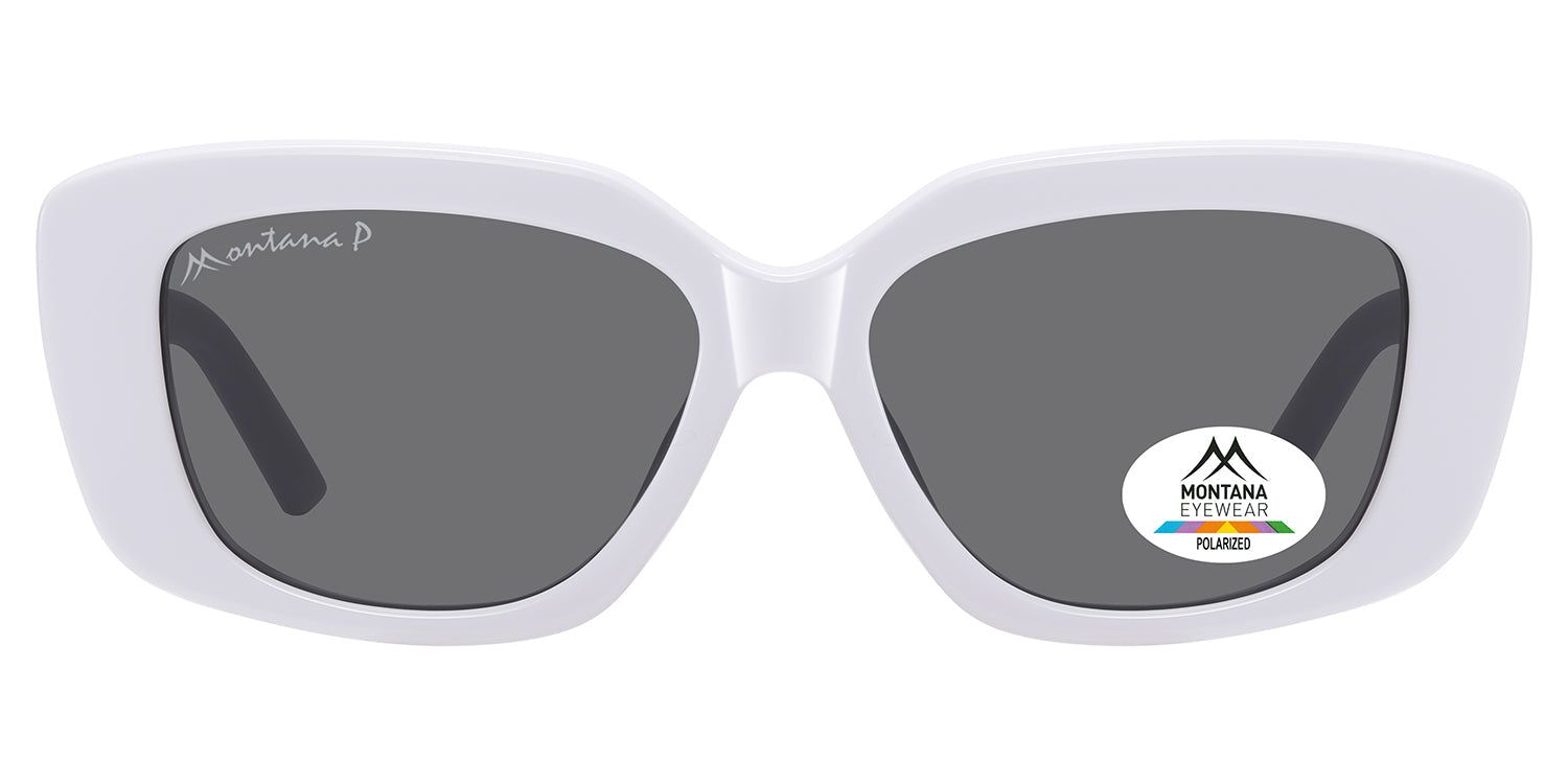 Weiße Sonnenbrille mit grauen Gläsern. Auf dem linken Glas ist der Schriftzug "Montana" zu sehen. Auf dem rechten Glas befindet sich ein Aufkleber mit Logo und "Polarized".